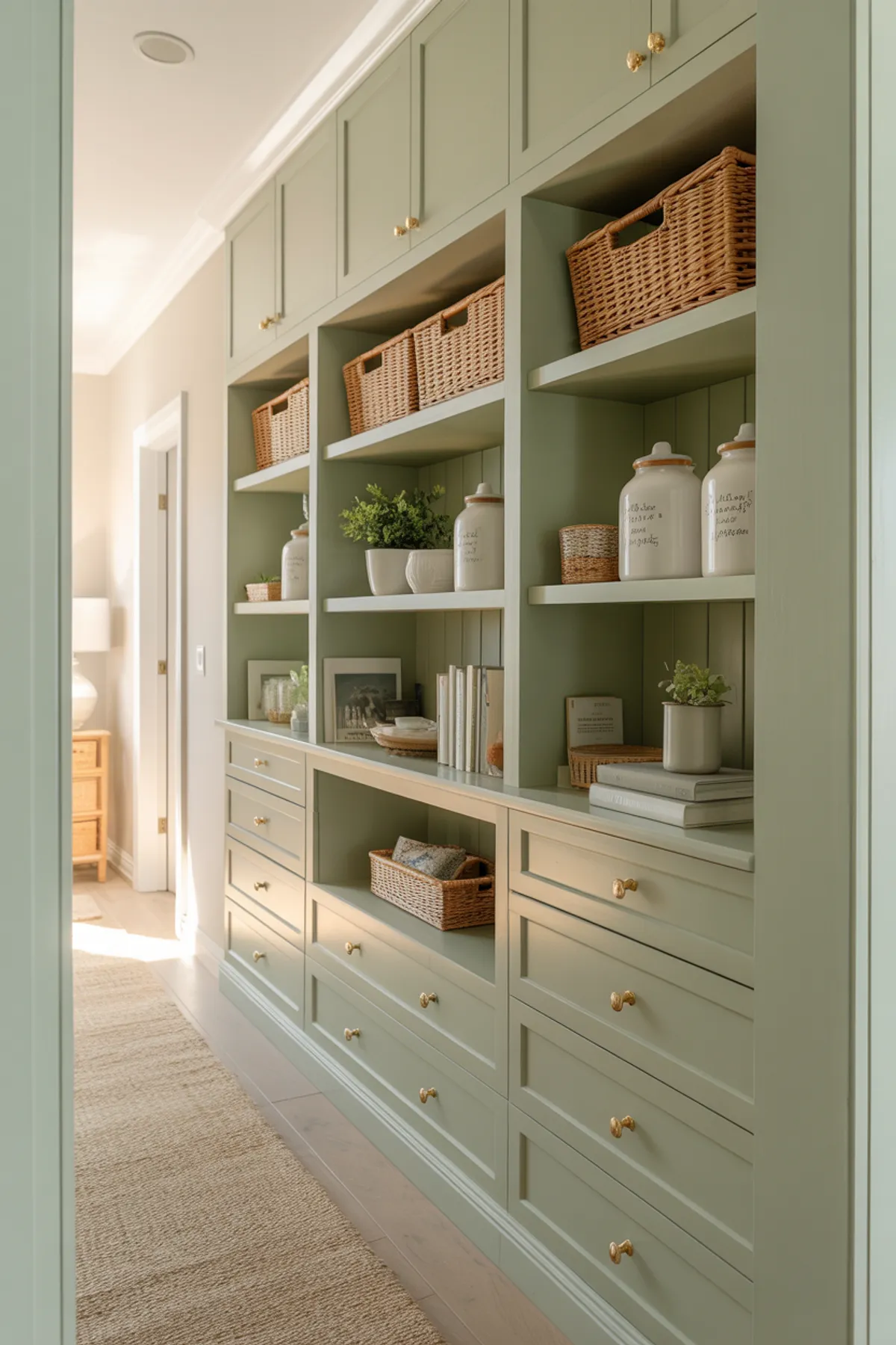 Soft green built-in cabinets with wicker basket storage, decorative elements, and organized shelving in a dining room.
