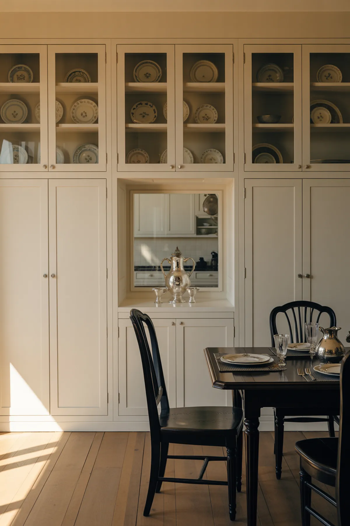 Elegant dining room featuring built-in cabinets with glass doors, decorative dishware display, black chairs, and warm wooden flooring.