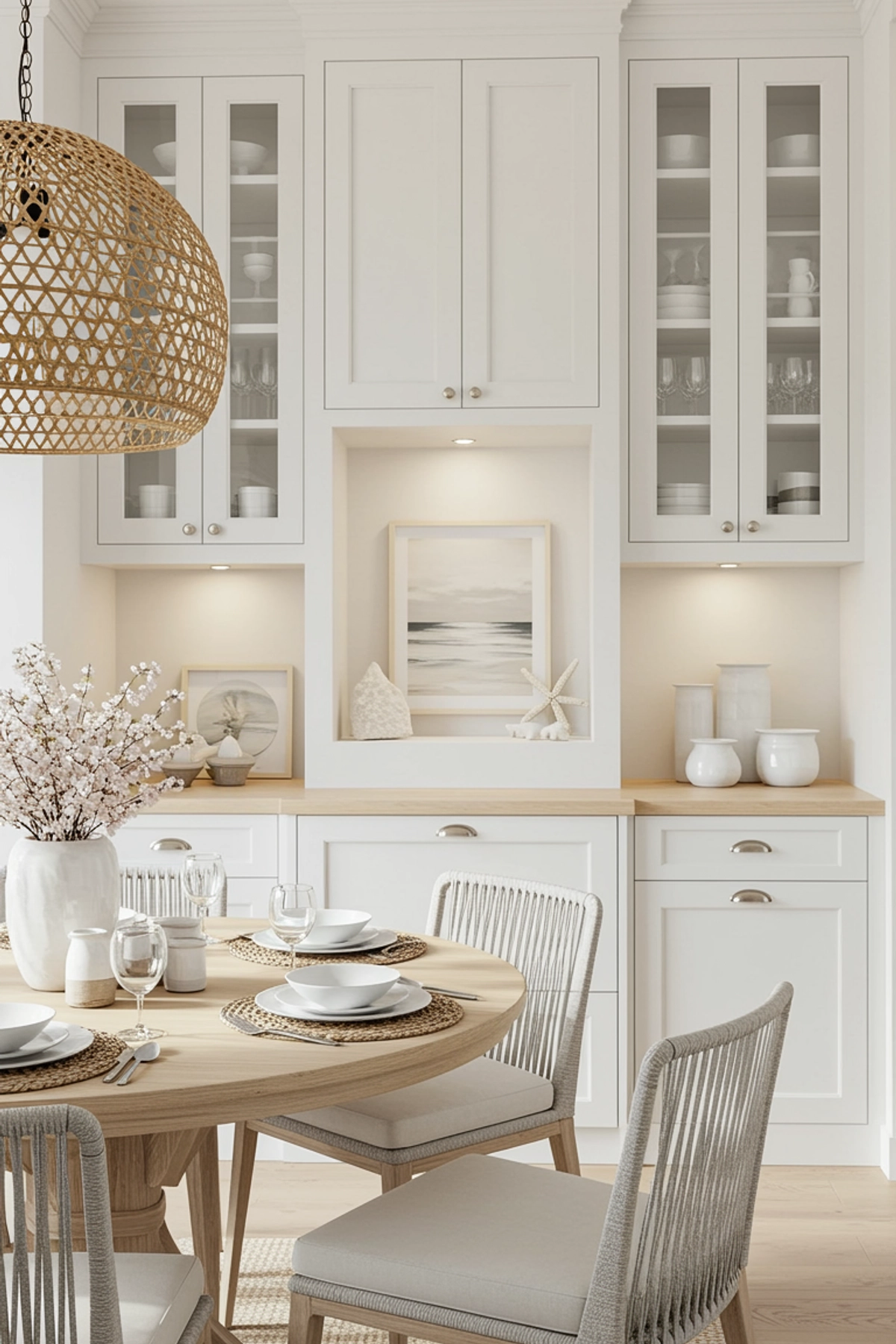 Light and airy dining room with white built-in cabinets, pale wood countertop, round light wood dining table set with white dishes, woven placemats, and soft gray rope chairs; decorated with coastal-inspired artwork, vases, and a woven pendant light for a breezy, relaxed look