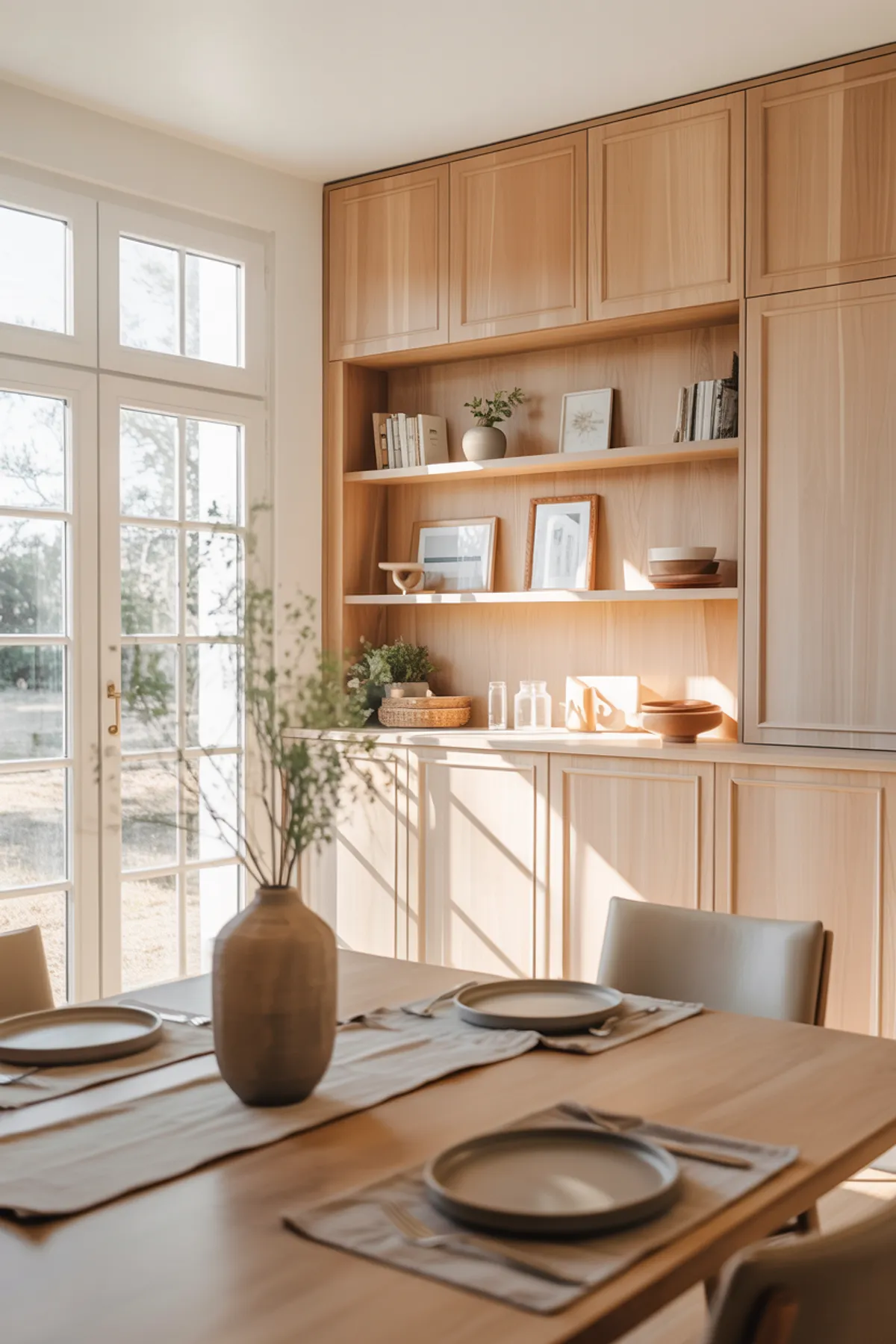 Modern dining room featuring light wood built-in cabinets with open shelving, a wooden table, and decorative accents.
