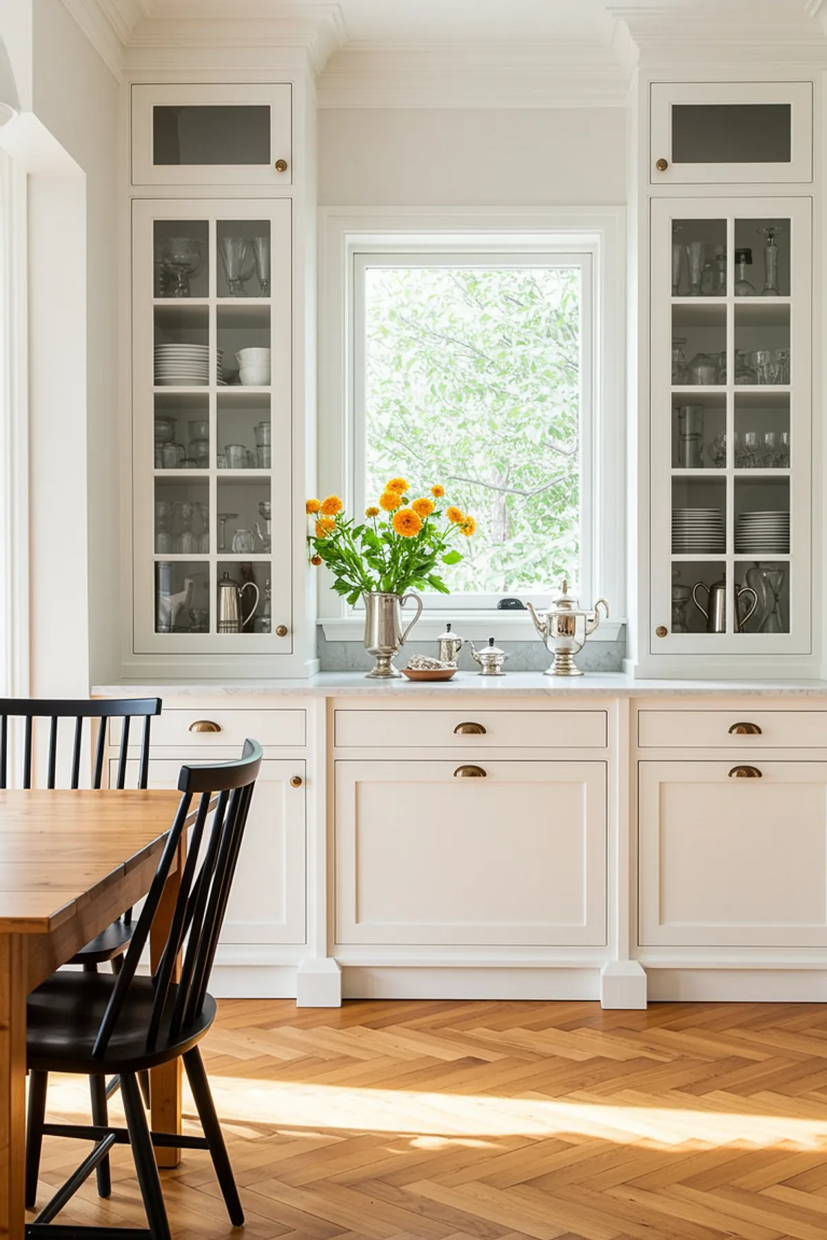 Bright dining room featuring white built-in cabinets with glass doors, large window for natural light, and decorative flowers.