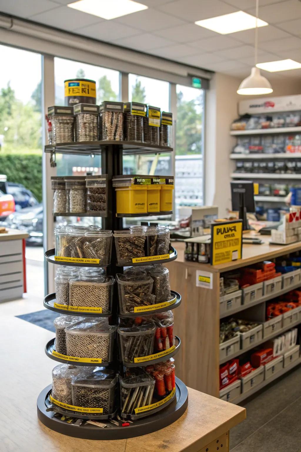 Rotating displays packed with assorted small parts and tools.