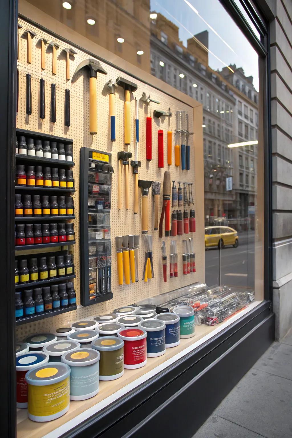 An attention-grabbing window display spotlights tools and inventive arrangements.