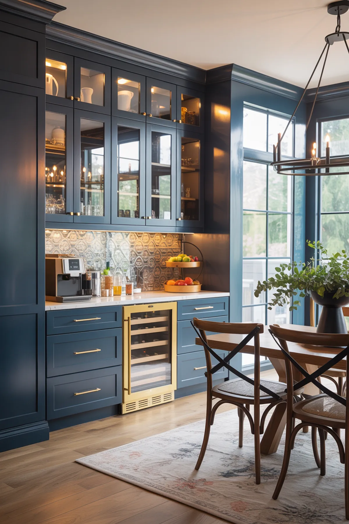 Elegant dining room featuring navy built-in cabinets with gold accents, glass shelves for display, and integrated wine fridge.