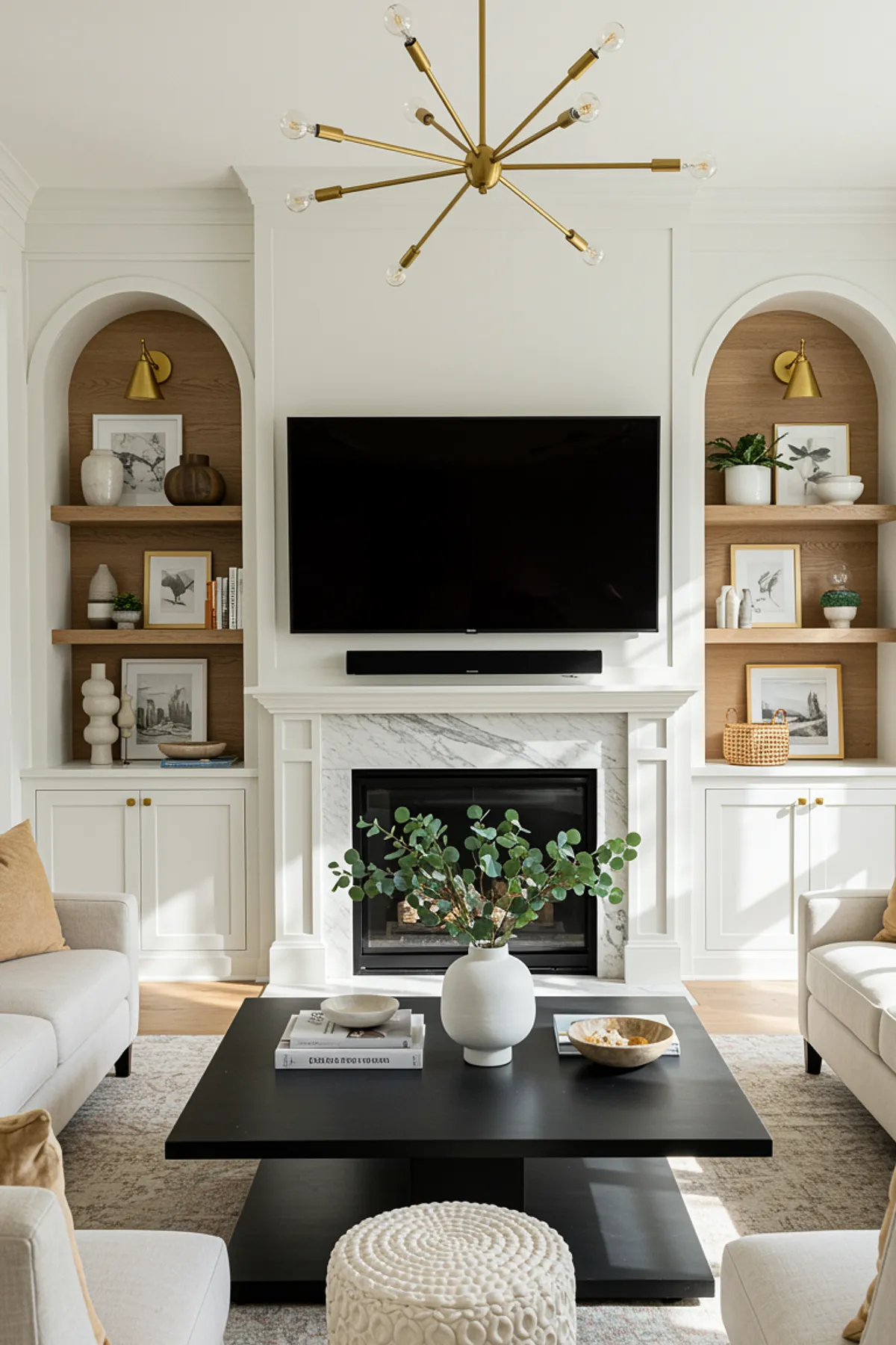 Modern living room featuring an elegant TV wall with white cabinets, custom shelving, and a cozy fireplace.