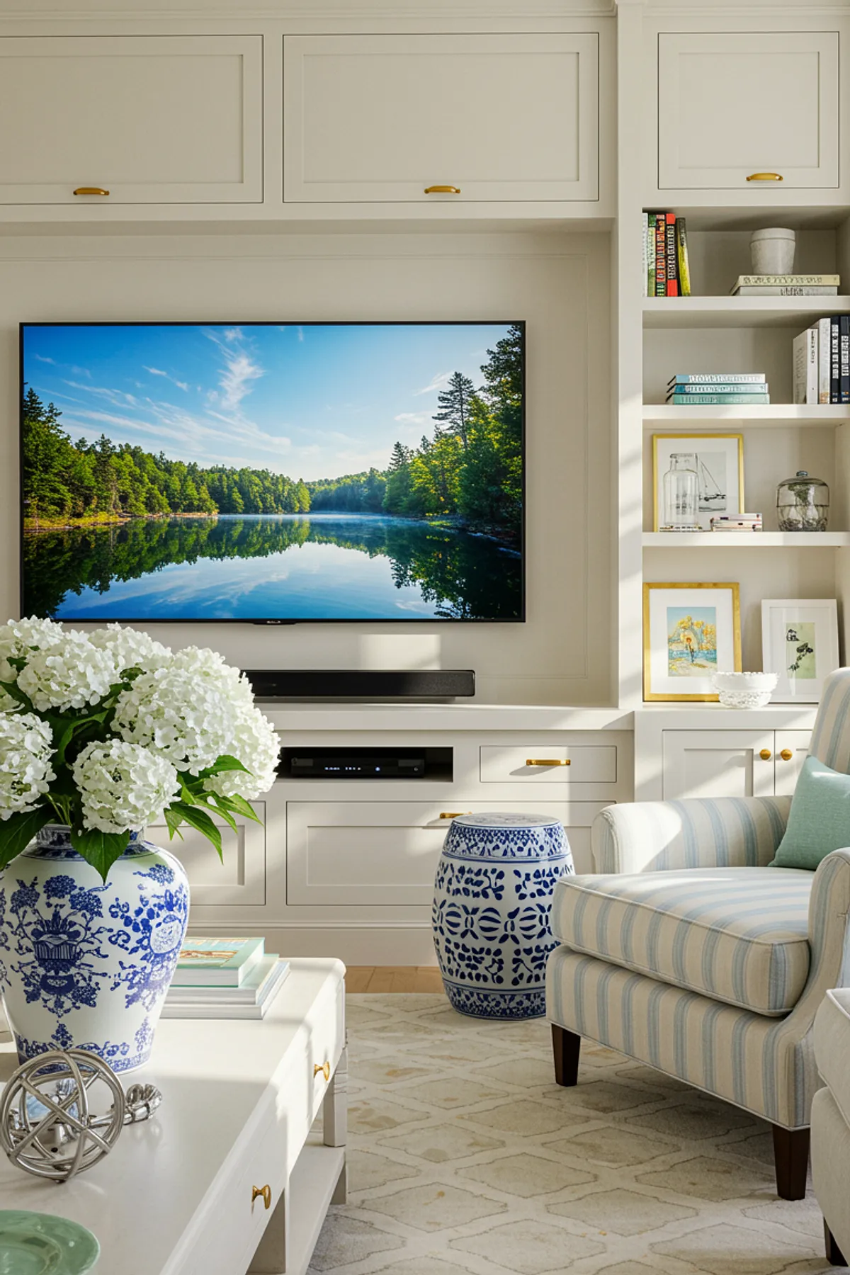 Modern TV wall design featuring custom cabinets, cozy decor, floral accents, and organized storage in a stylish living room.