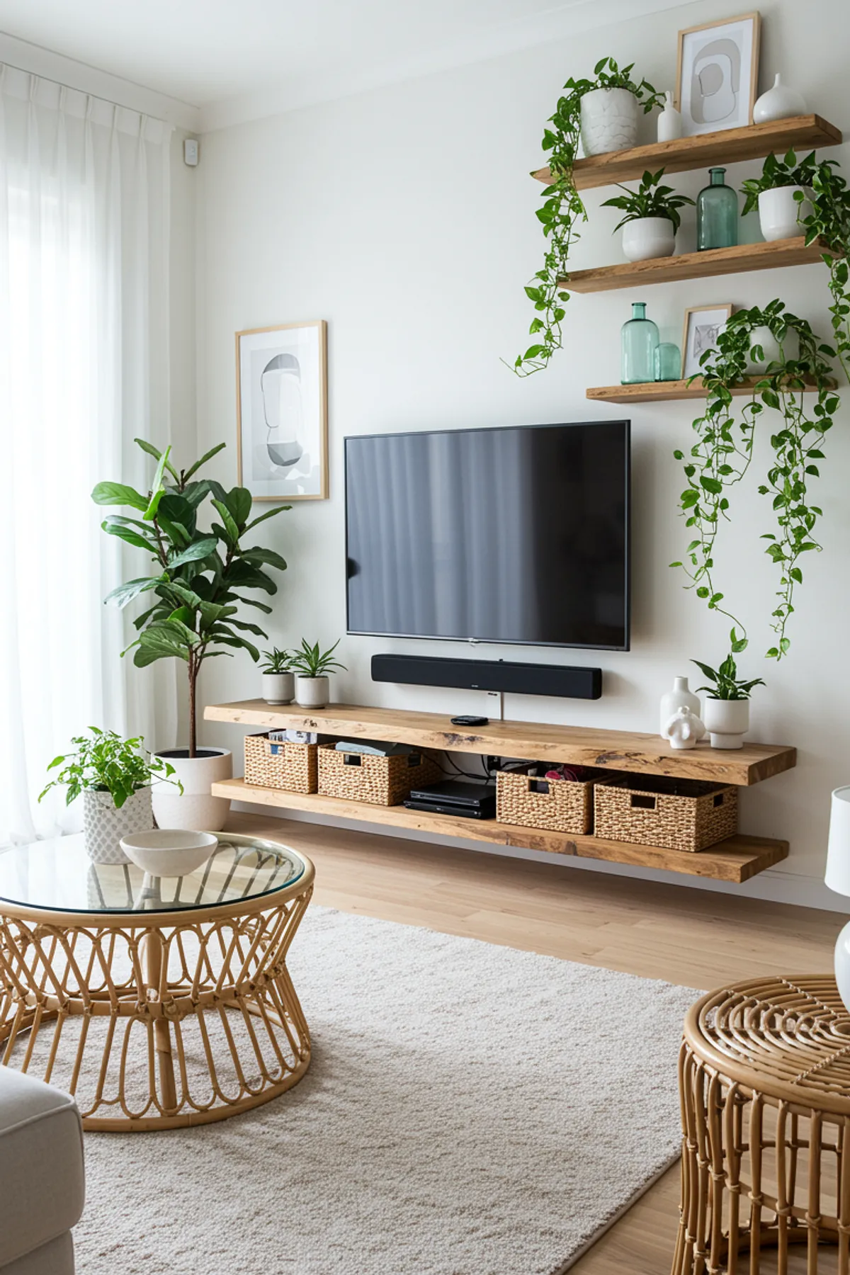 Modern TV wall featuring wooden shelves, lush plants, cozy seating, and functional storage baskets in a stylish living room.