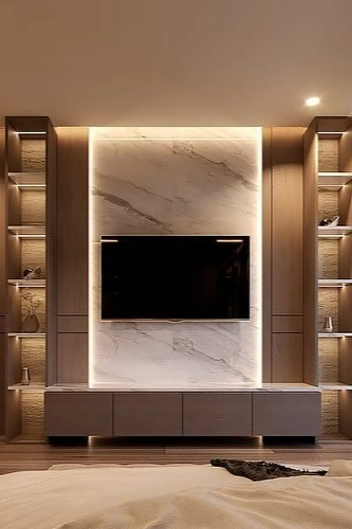 Modern TV wall design with marble backdrop, wooden shelves, and ambient lighting for a sleek look.