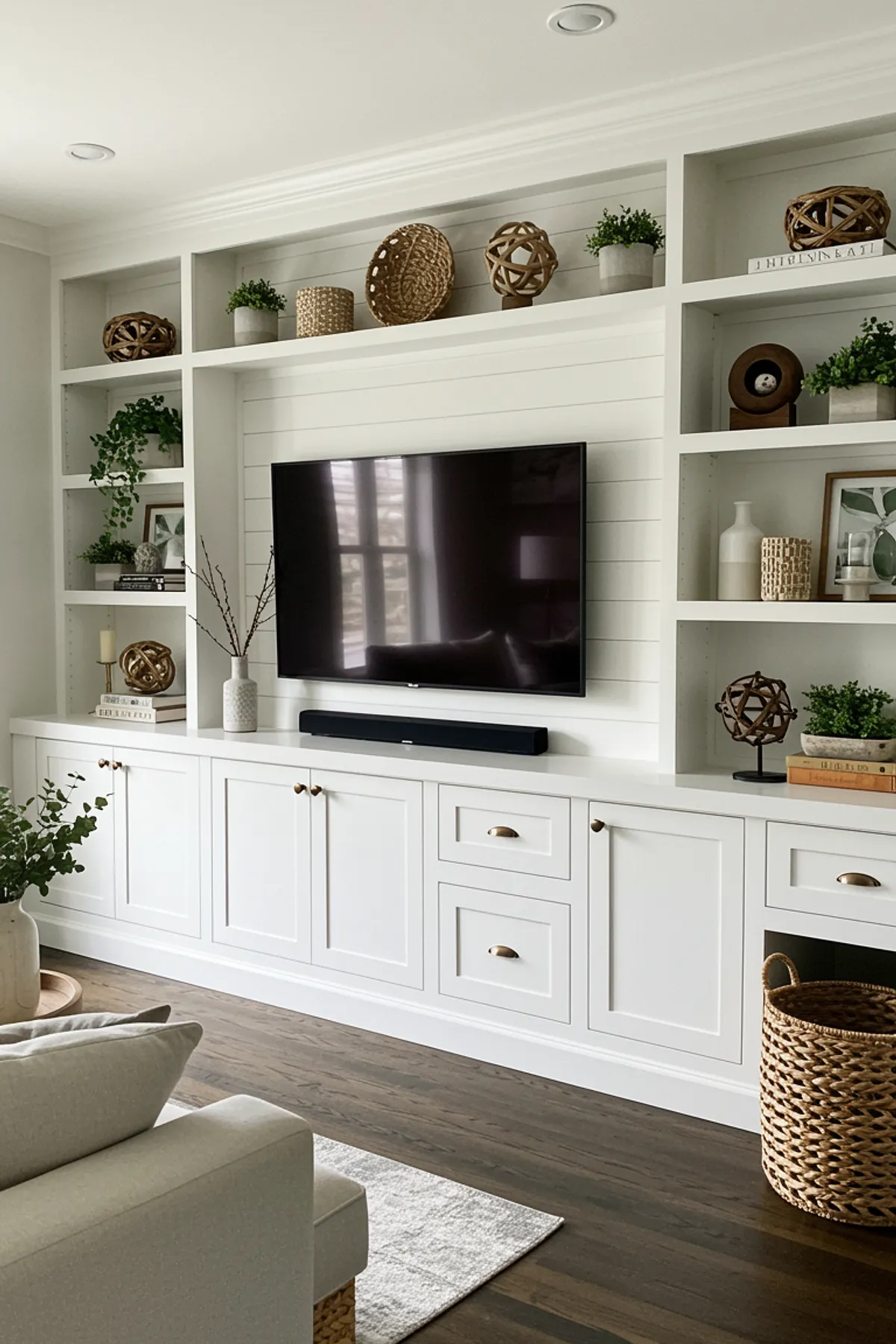 Modern white TV wall with open shelves, stylish decor, storage cabinets, and cozy accents in the living room.