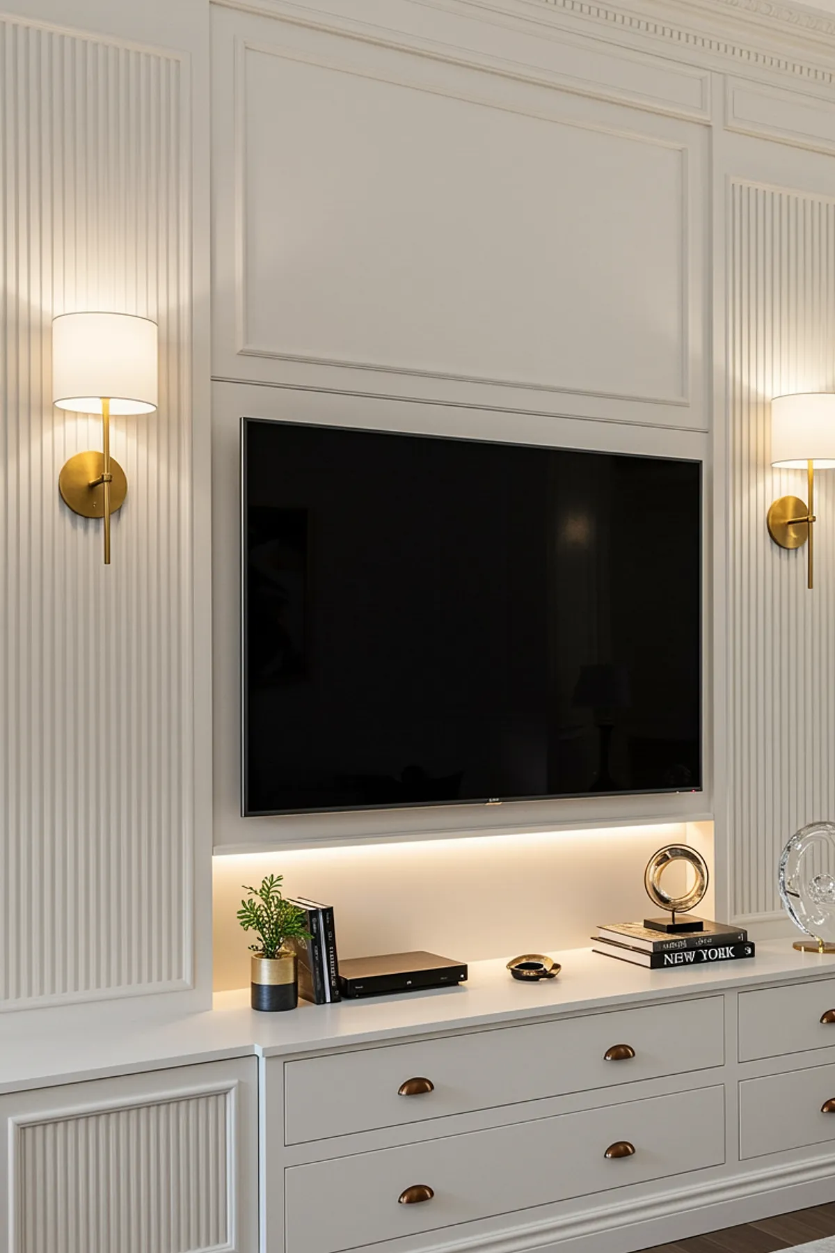 Elegant TV wall design featuring gold lighting accents, textured paneling, modern storage solutions, and decorative elements.