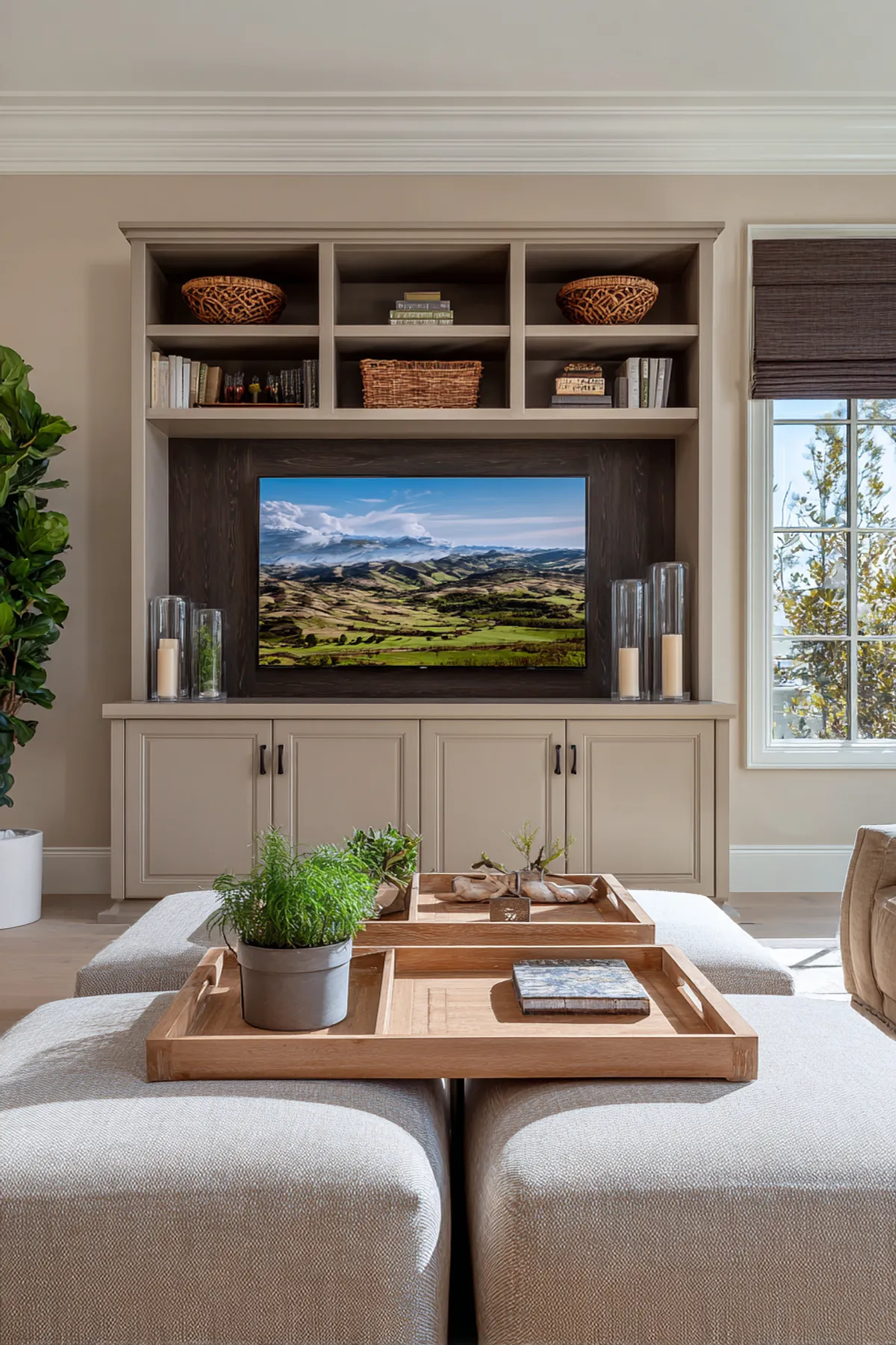Modern living room with an elegant TV wall featuring custom shelving, cozy decor, and organized storage solutions.