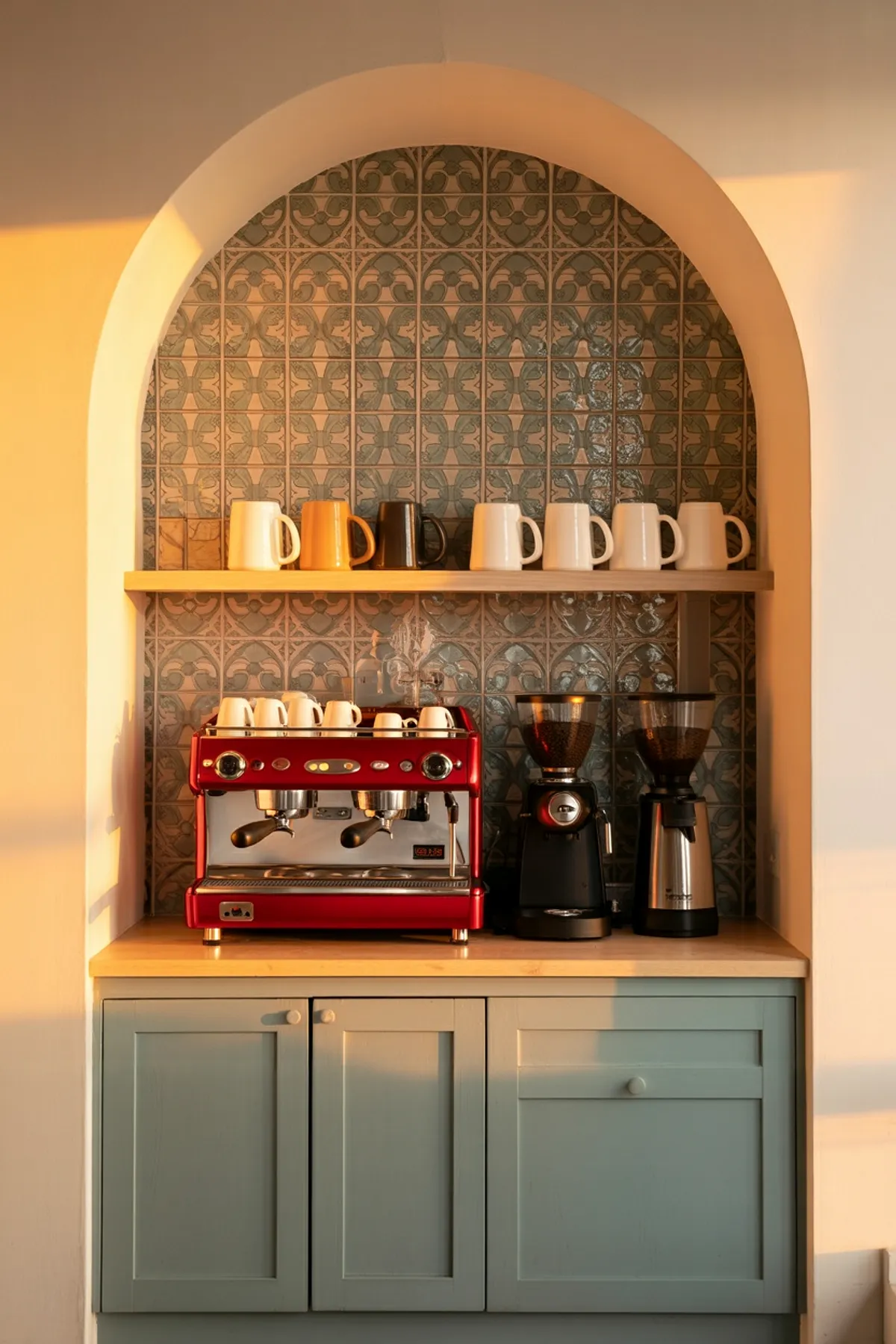 Coffee station in arched niche with patterned tile backsplash, red espresso machine, mugs on shelf.