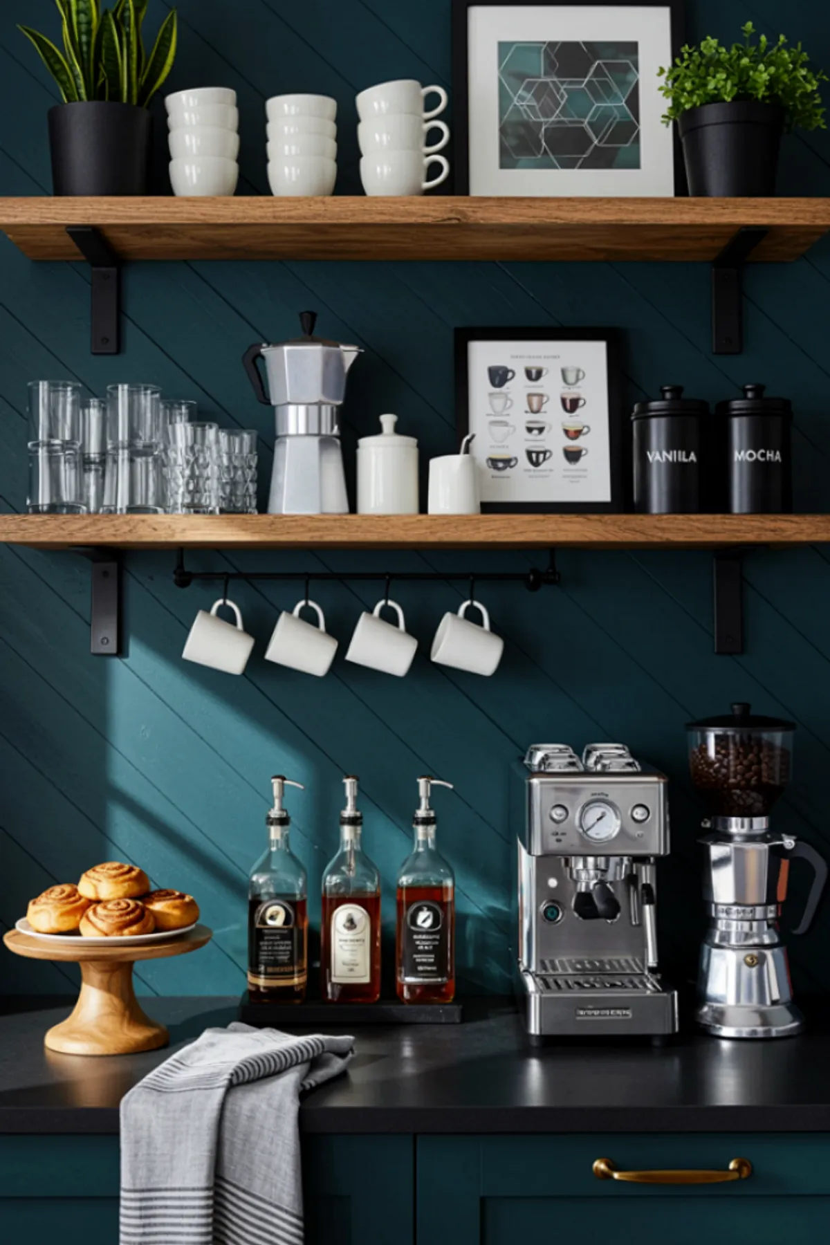 Coffee station with dark teal walls, wooden shelves, white mugs, espresso machine, and glass jars.