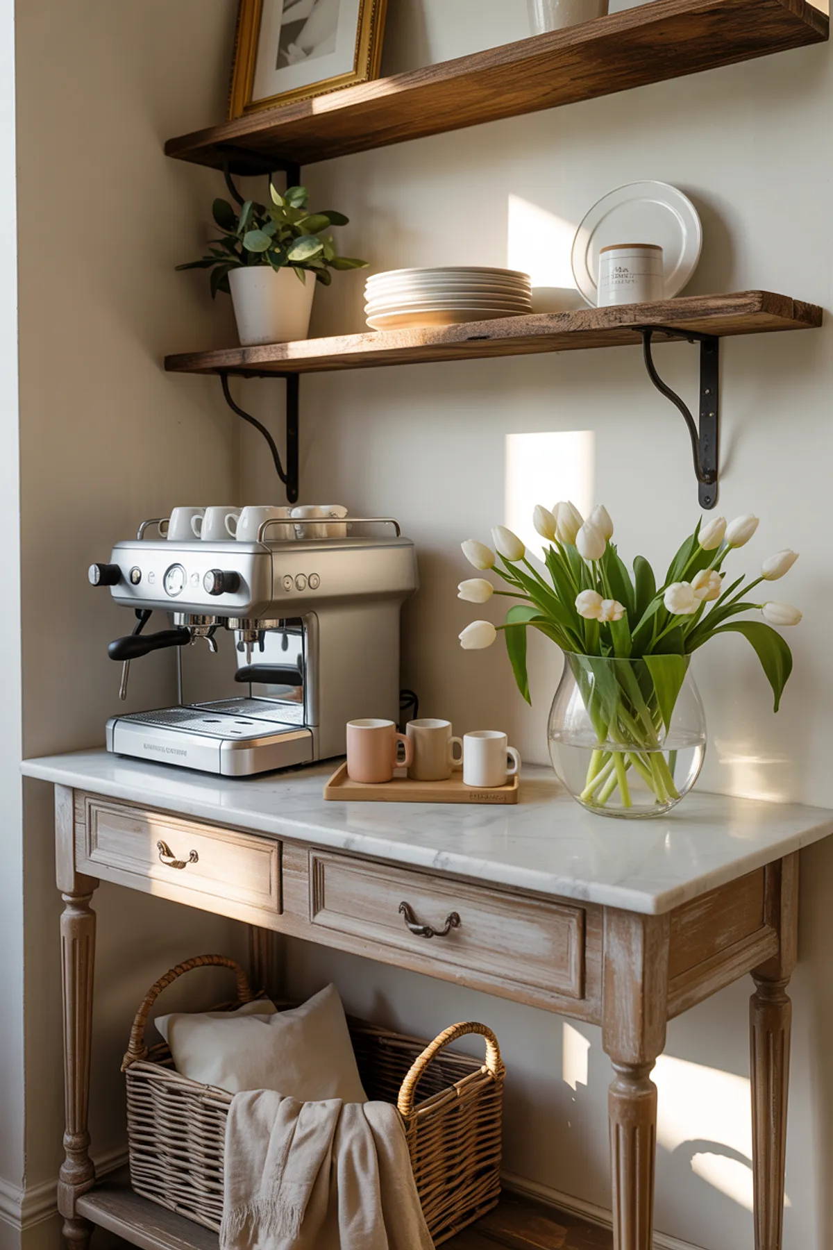 Wooden console with marble top, espresso machine, shelves holding dishes and plants, and a vase of tulips.