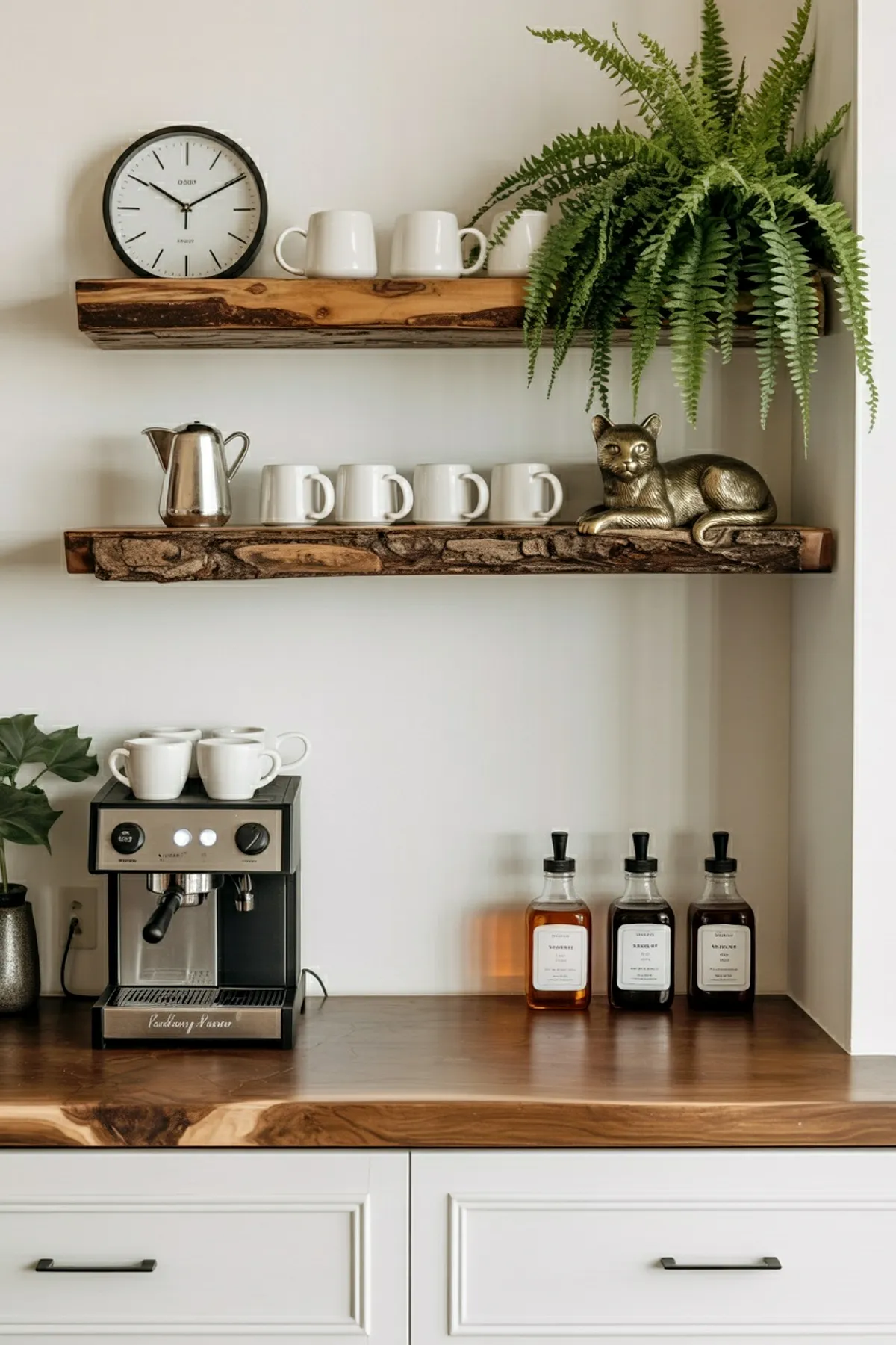 Coffee station with live edge wooden shelves holding white mugs, a fern, and decorative items above an espresso machine.