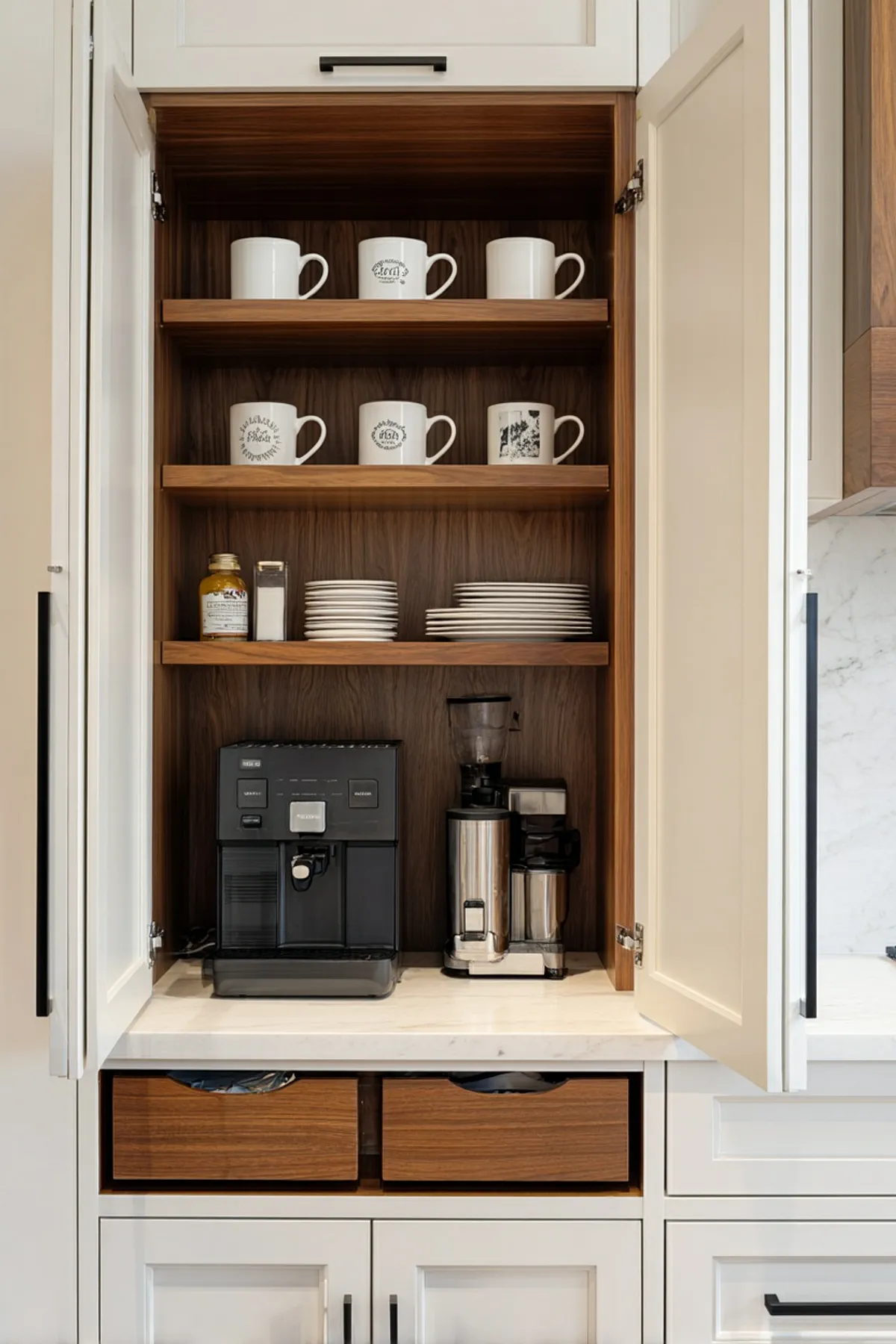Wooden interior cabinet with shelves holding mugs, plates, espresso machine, and coffee grinder inside white cabinetry.
