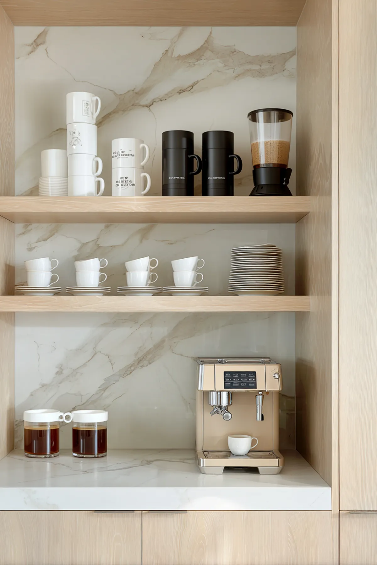 Coffee station with wooden shelves, marble backsplash, monochrome mugs, cups, and an espresso machine.