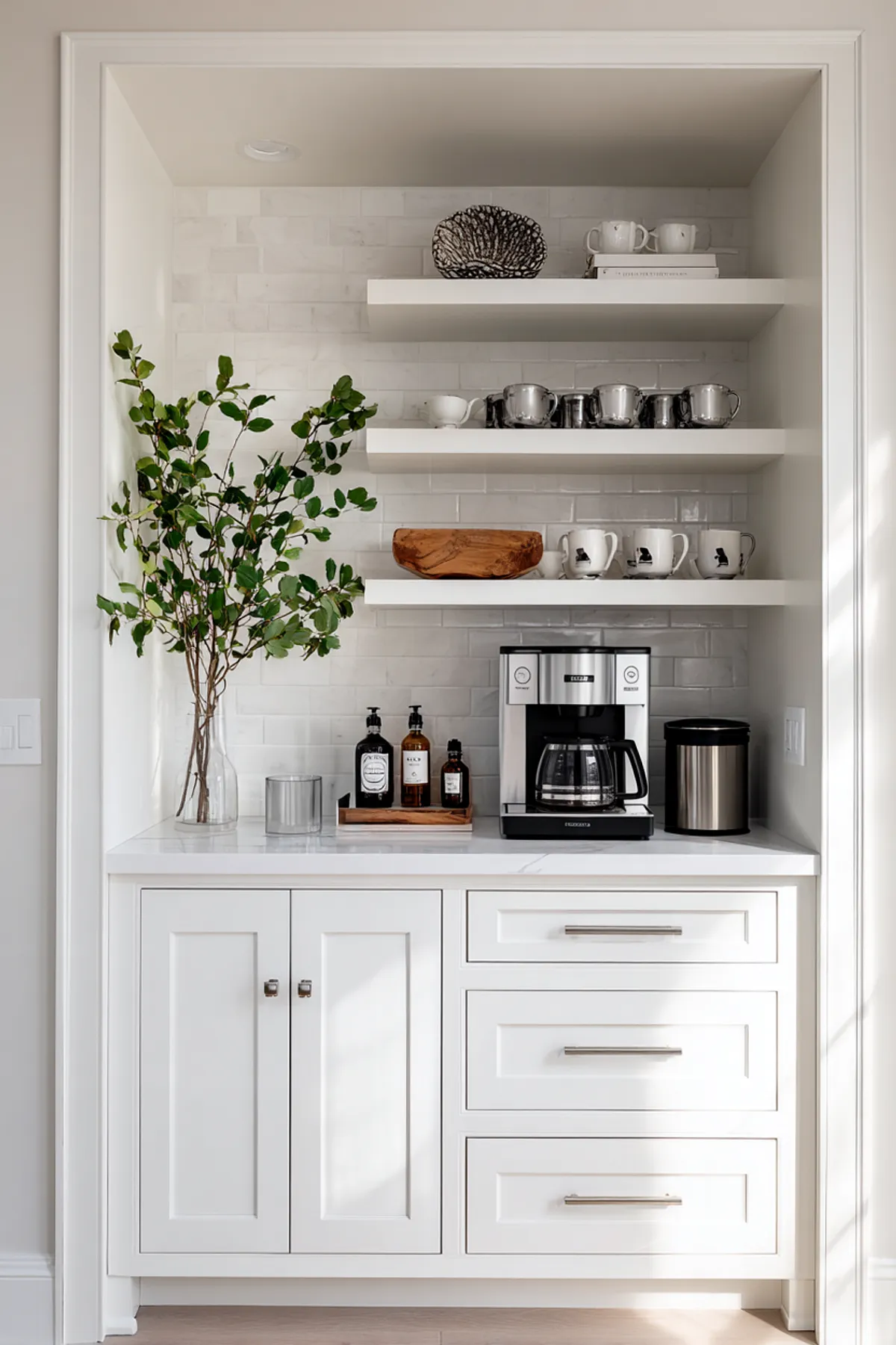White coffee station with open shelves, greenery in a vase, coffee machine, and cups.