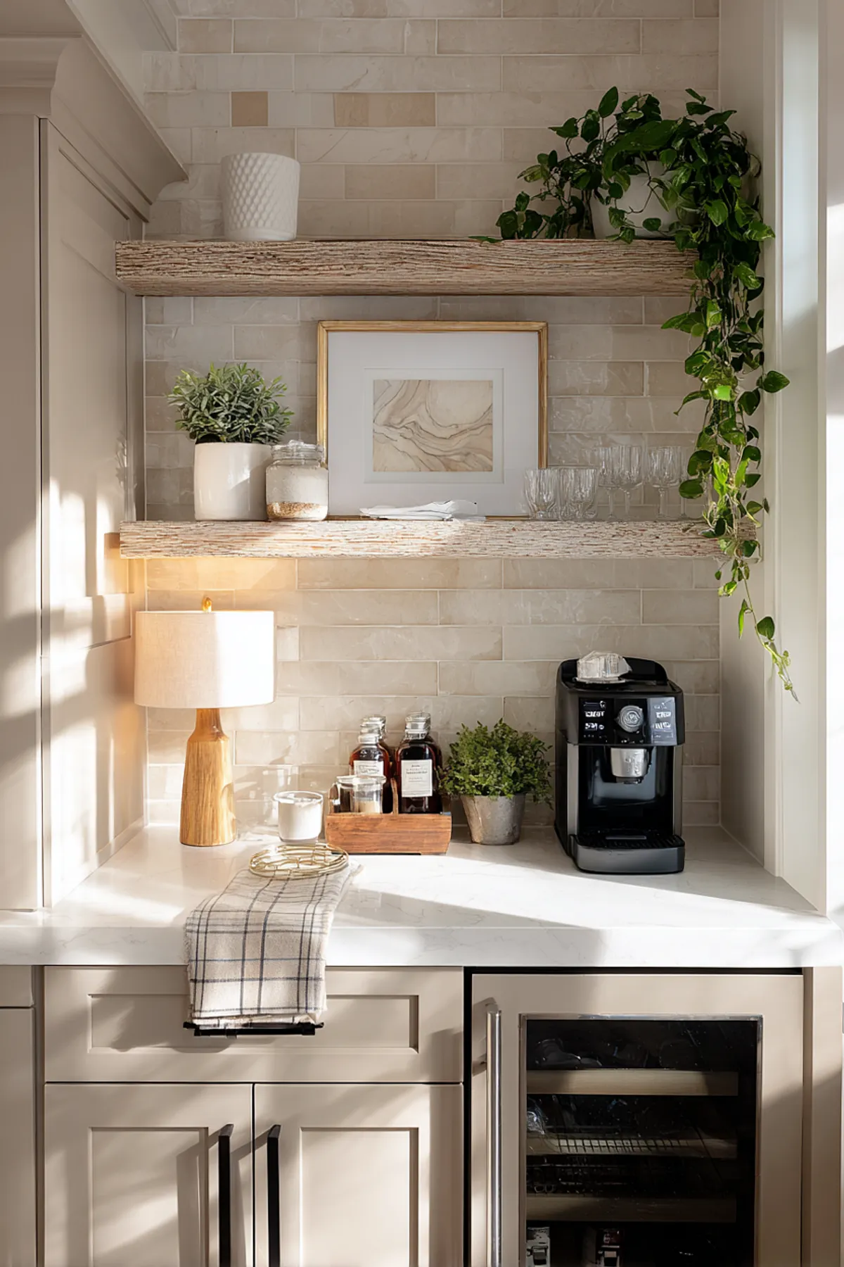 Coffee station with wooden shelves, plants, soft lighting, espresso machine, and framed art.