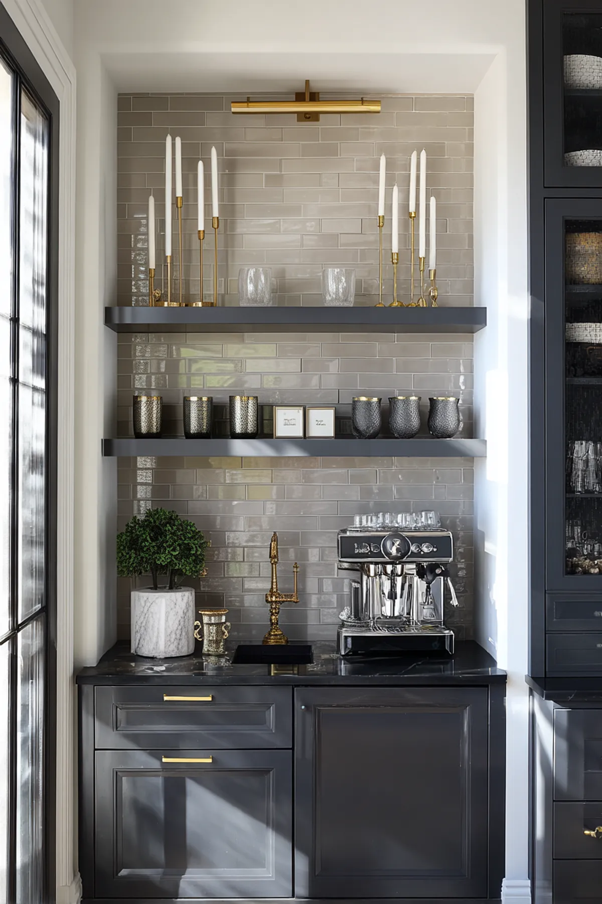 Coffee station with golden candlesticks, espresso machine, dark shelves, and a glossy tiled backsplash.
