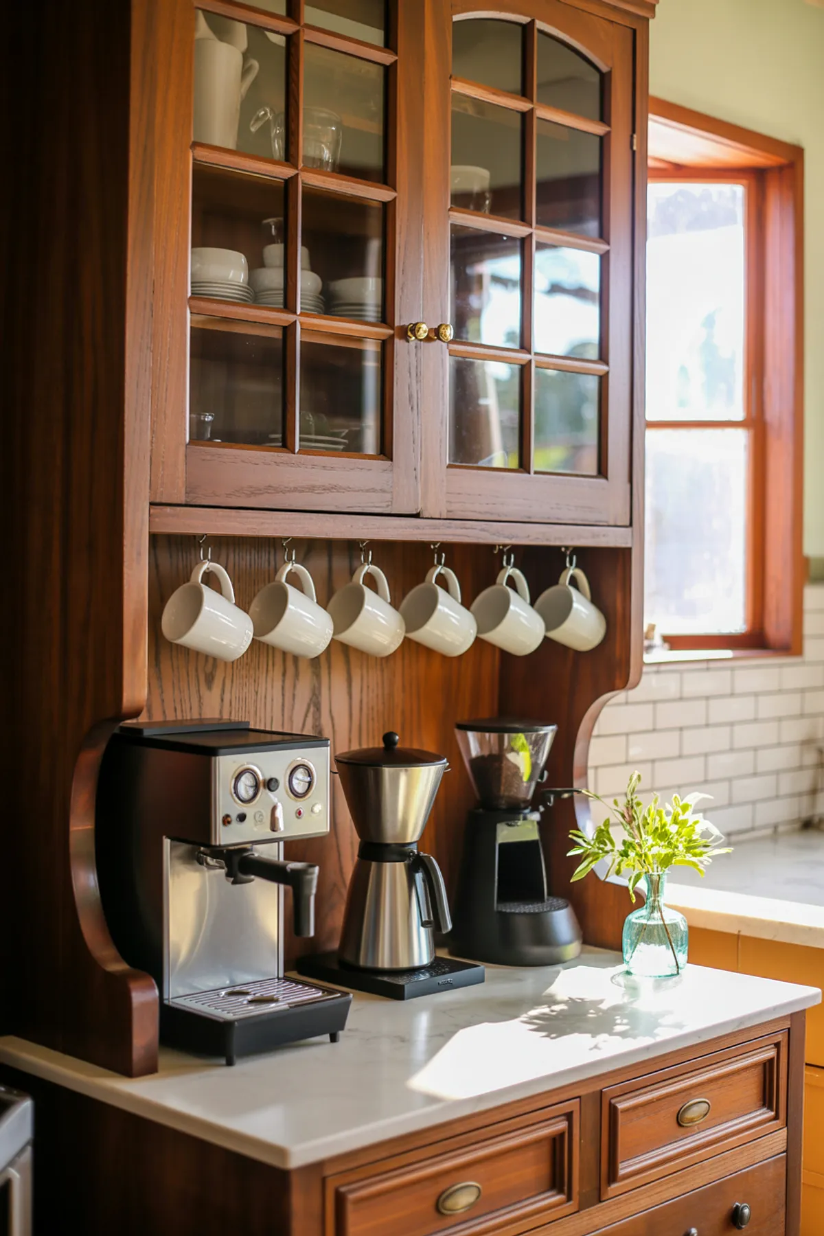Wooden coffee station with mug hooks, espresso machine, and glass-front cabinets.