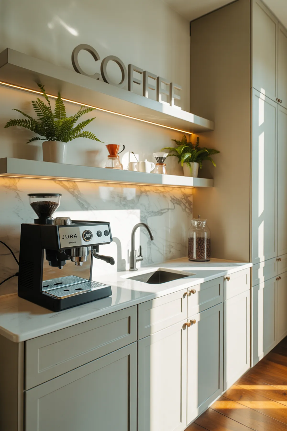 Modern coffee station with espresso machine, marble backsplash, illuminated shelves with plants and coffee accessories.
