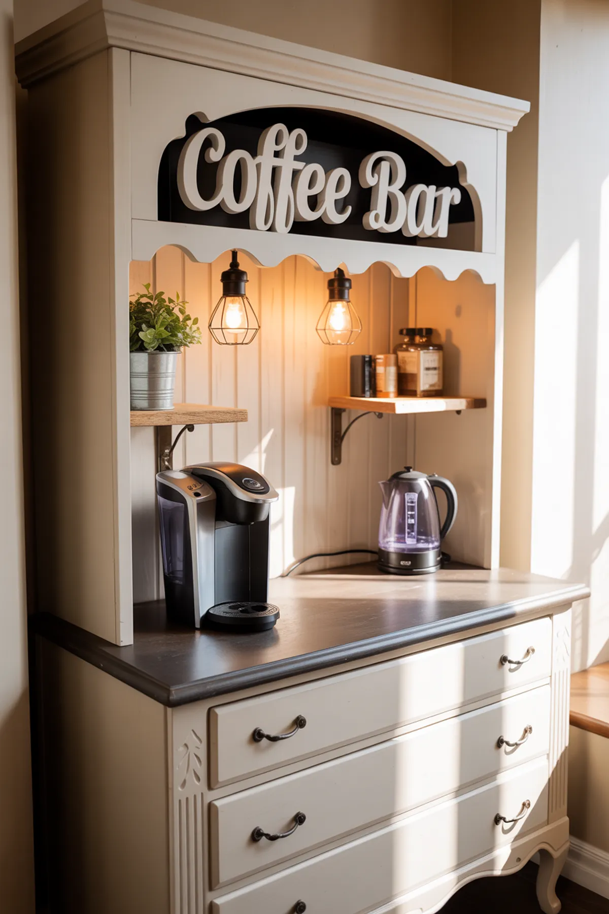 White coffee bar cabinet with drawers, Edison bulbs, coffee machine, and decorative plant.