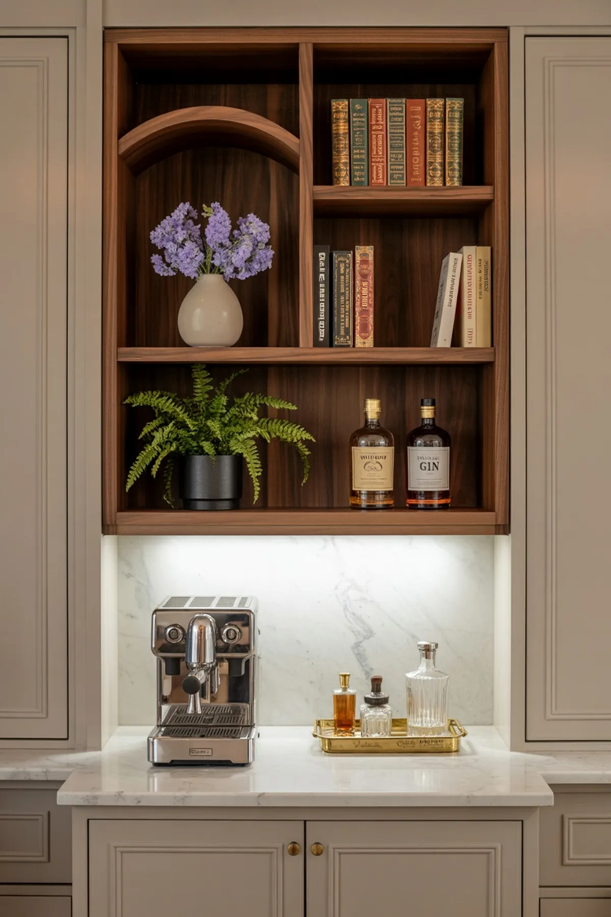 Wooden shelves with books, potted plants, whiskey bottles, espresso machine on marble counter.