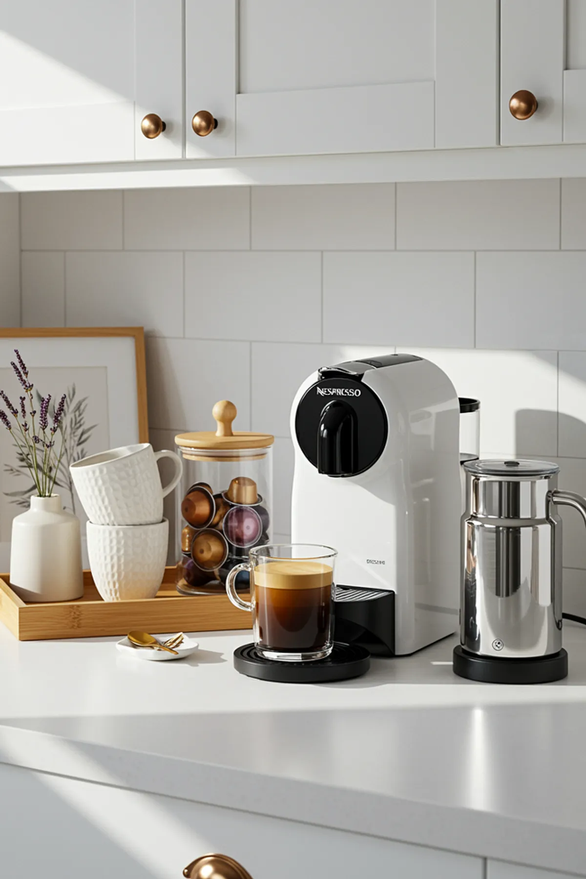 White coffee station with copper knobs, espresso machine, tray with mugs, jar of capsules.