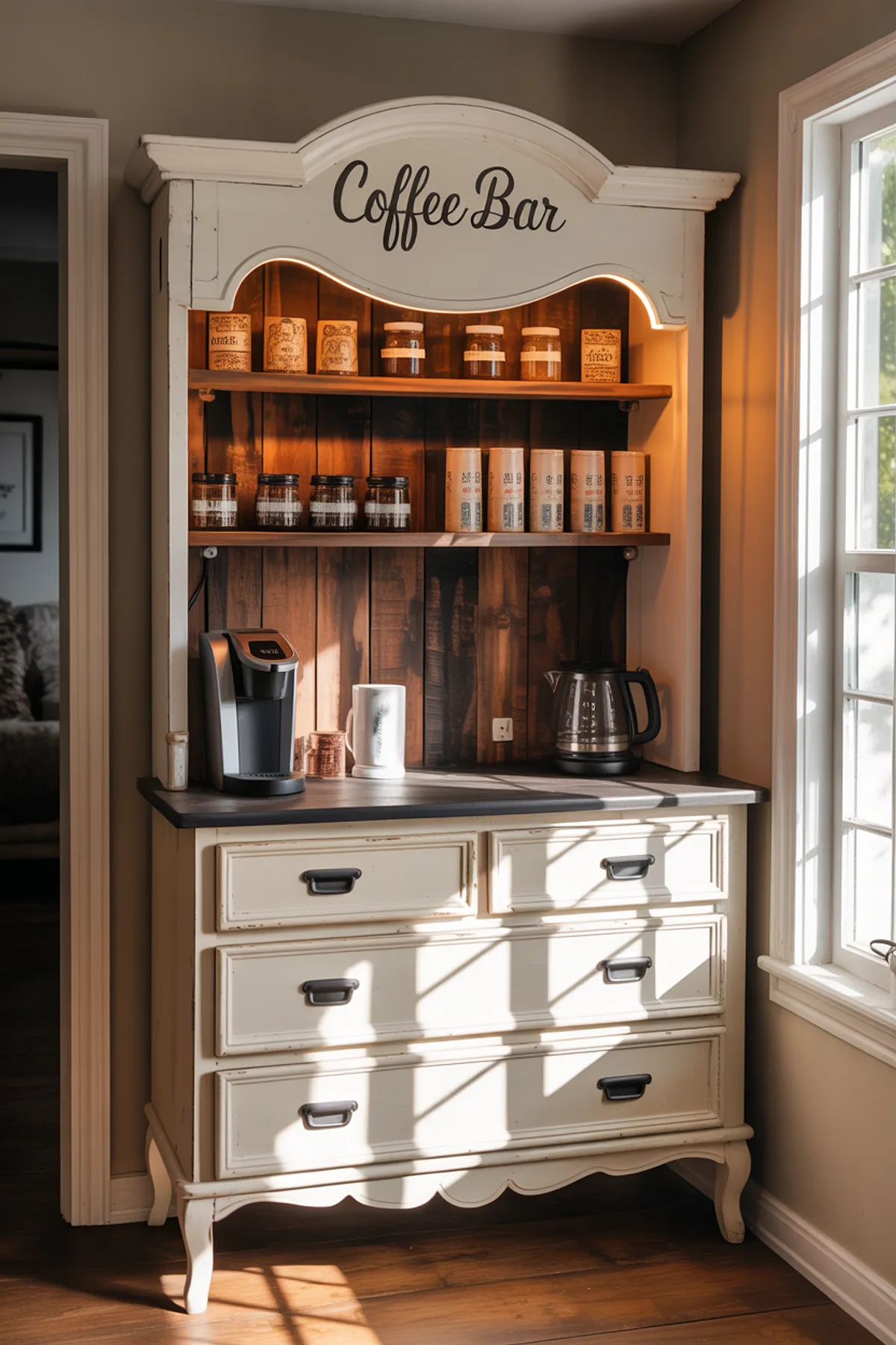 Rustic white cabinet coffee bar with LED-lit wooden shelves, coffee canisters, and appliances.