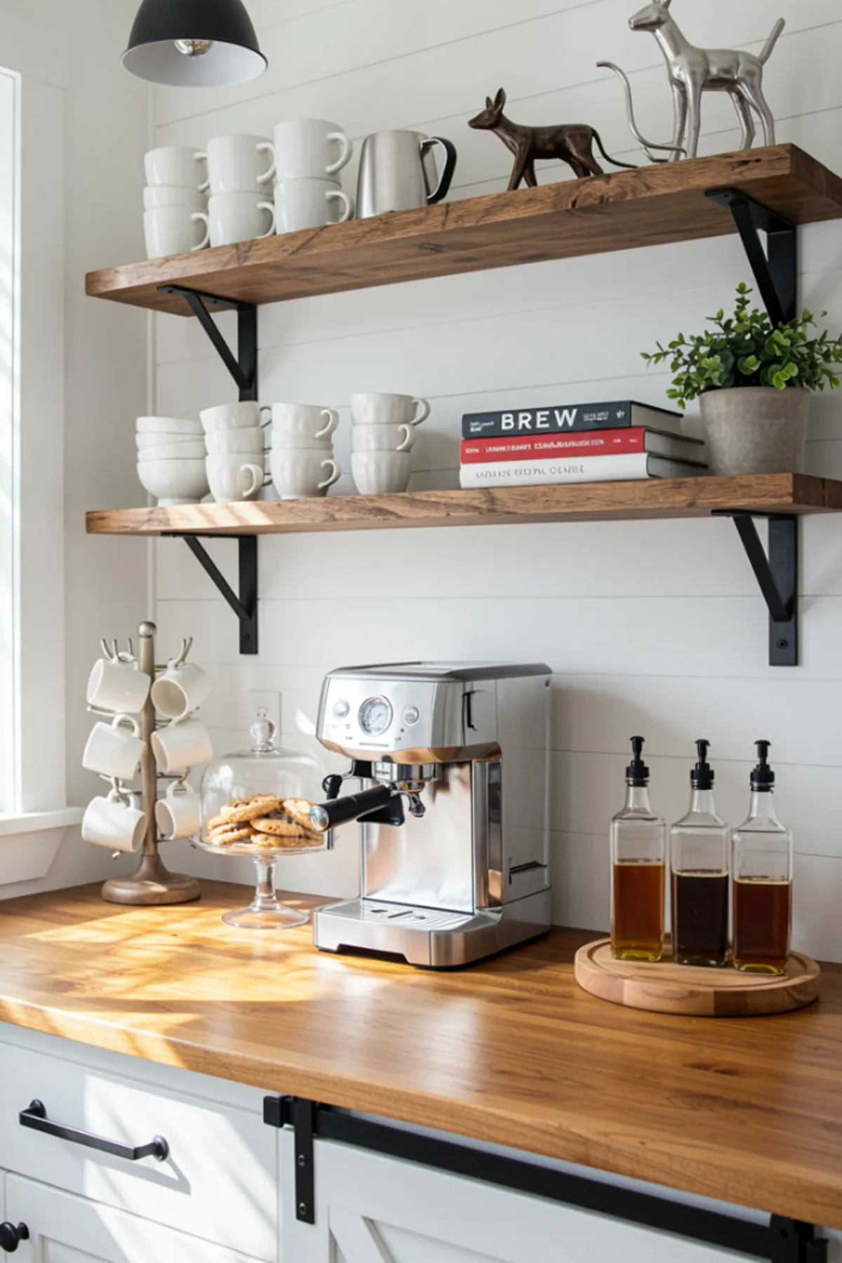 Coffee bar with wooden shelves holding mugs and books, espresso machine, mug stand, and statues.