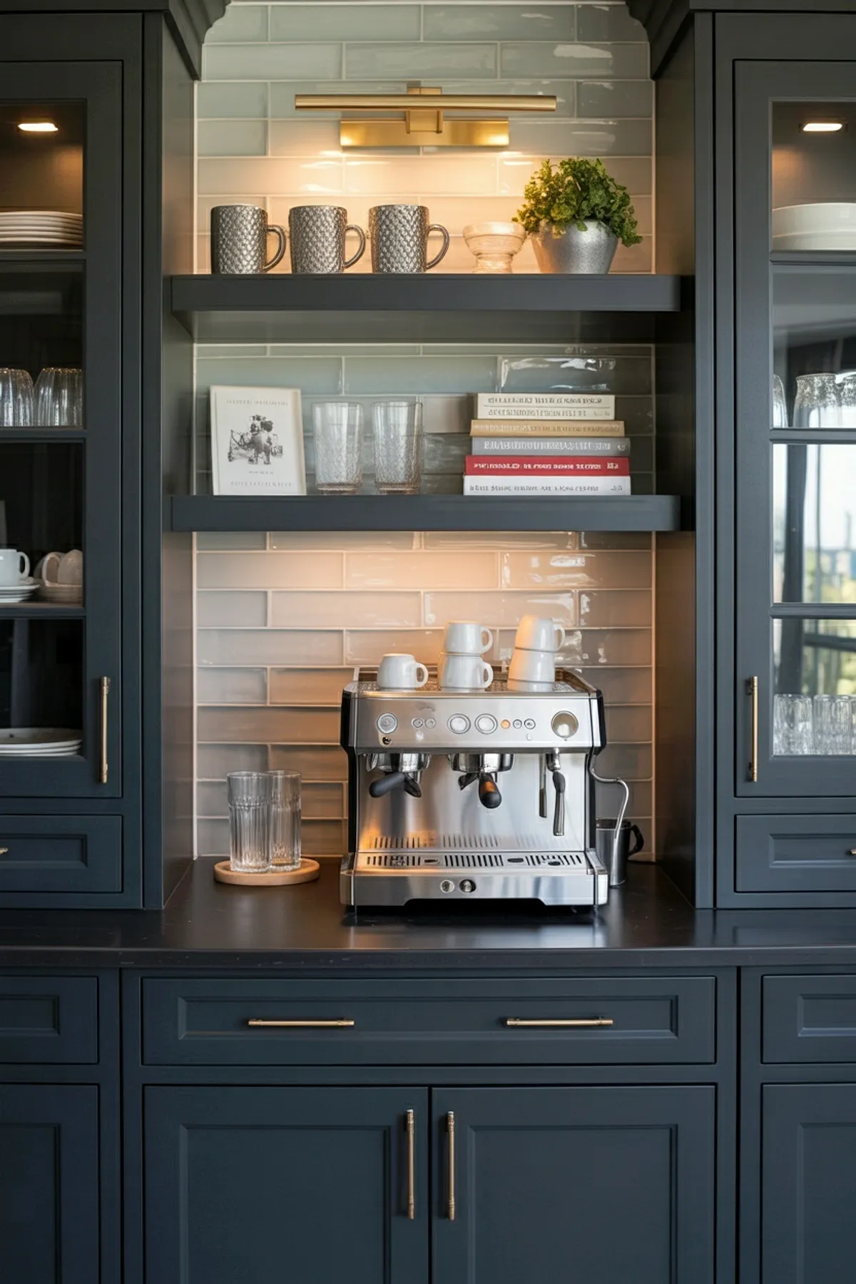 Dark cabinets with LED-lit shelves holding mugs, glasses, books, and an espresso machine.