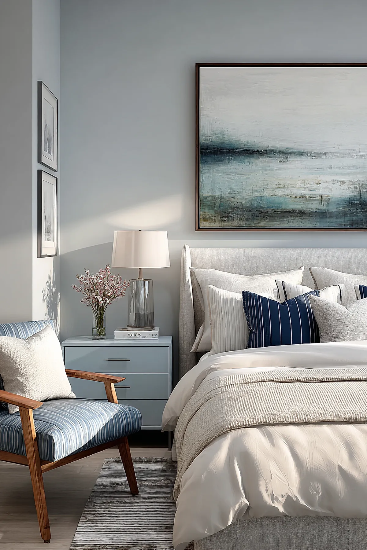 Bedroom with soft blue gray walls, white bed, navy accents, and abstract artwork.