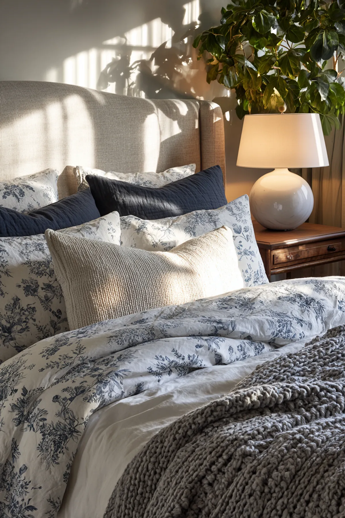 Bedroom with navy and white floral bedding, cream knit blanket, beige headboard, and potted plant on nightstand.