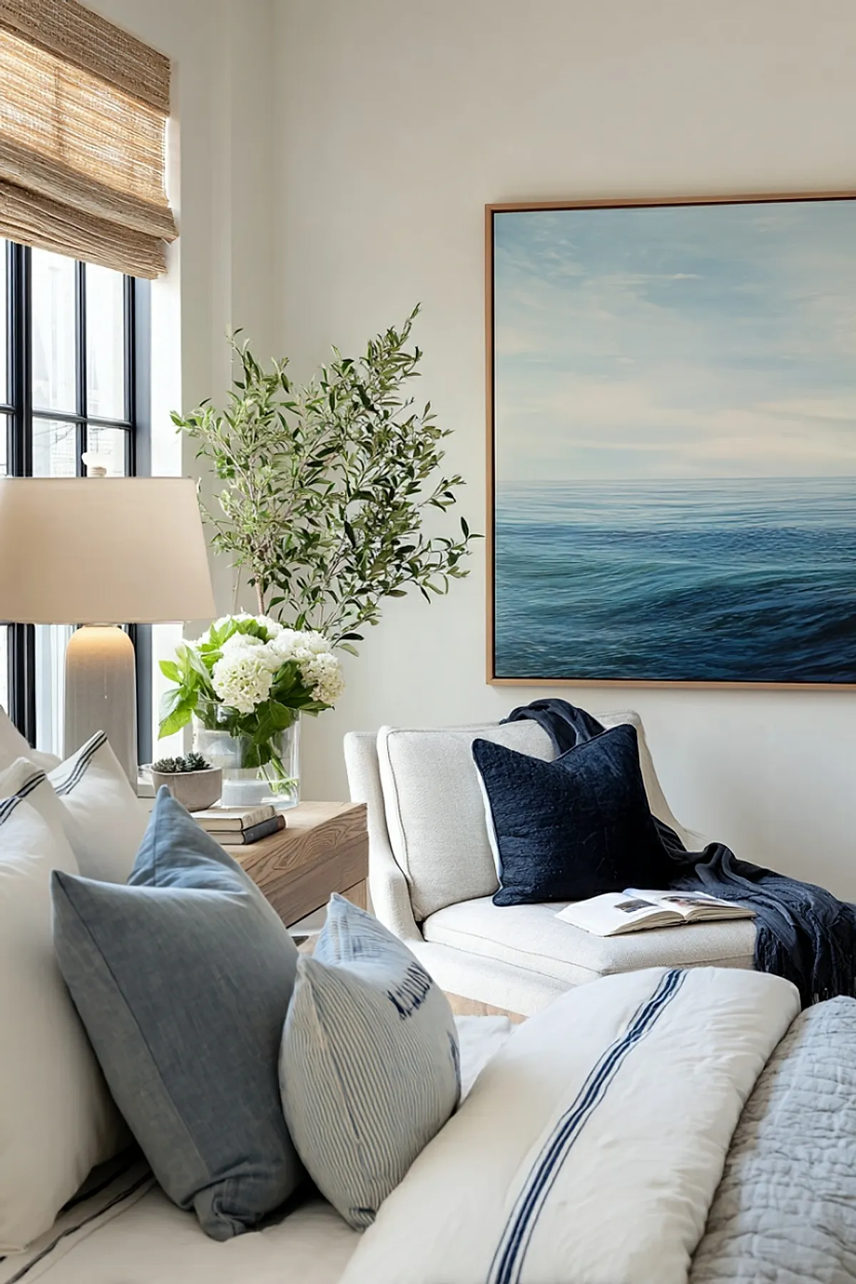 Blue and white bedroom with ocean painting, cream chair, blue pillows, and greenery