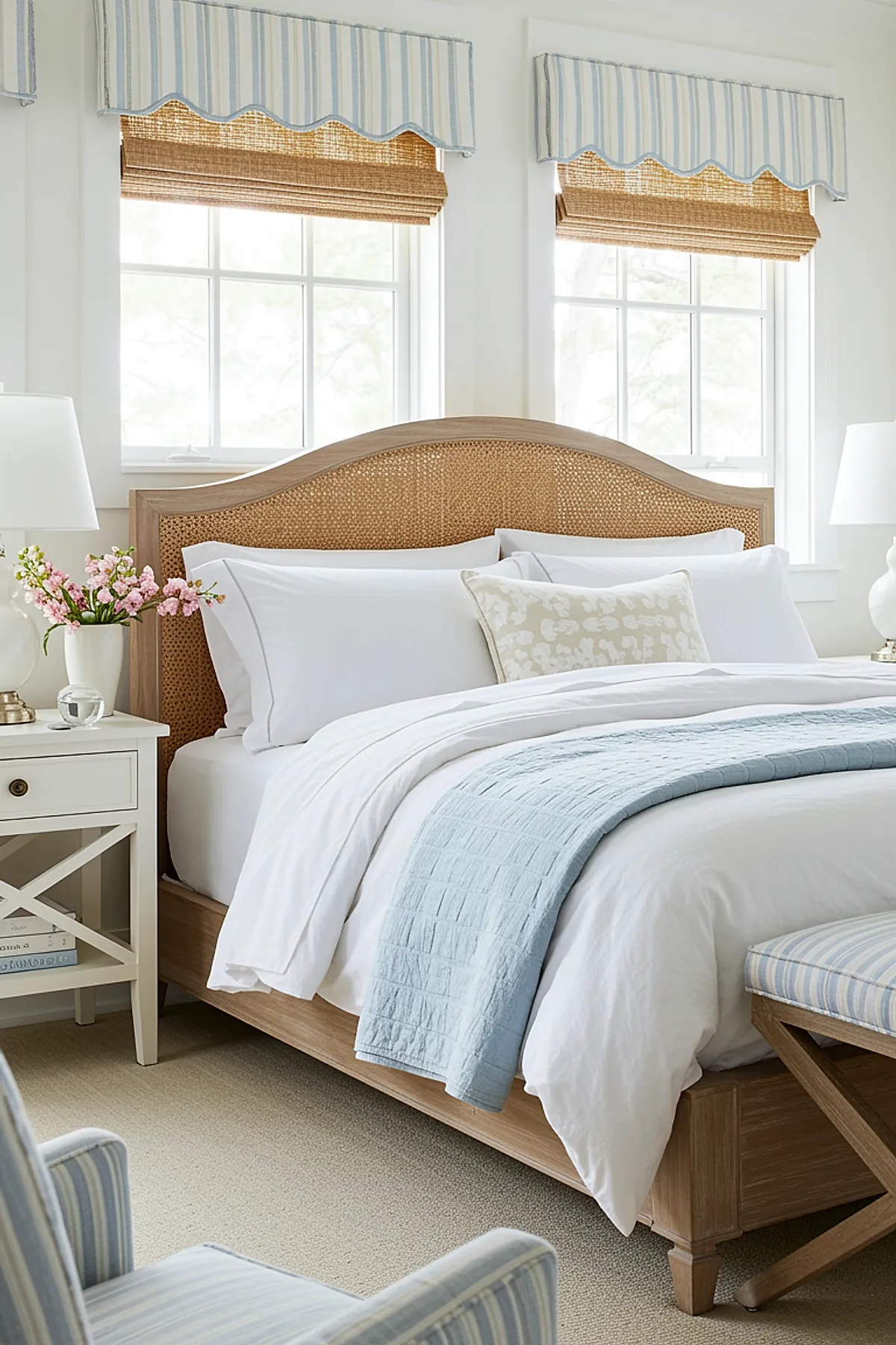 Bedroom with striped window valances, wicker headboard, white bedding with light blue accents.