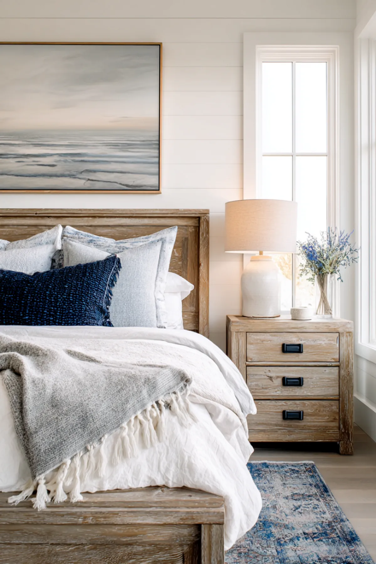 White bedroom with ocean art, wooden bed frame, navy accent pillows, blue rug, and bedside table.