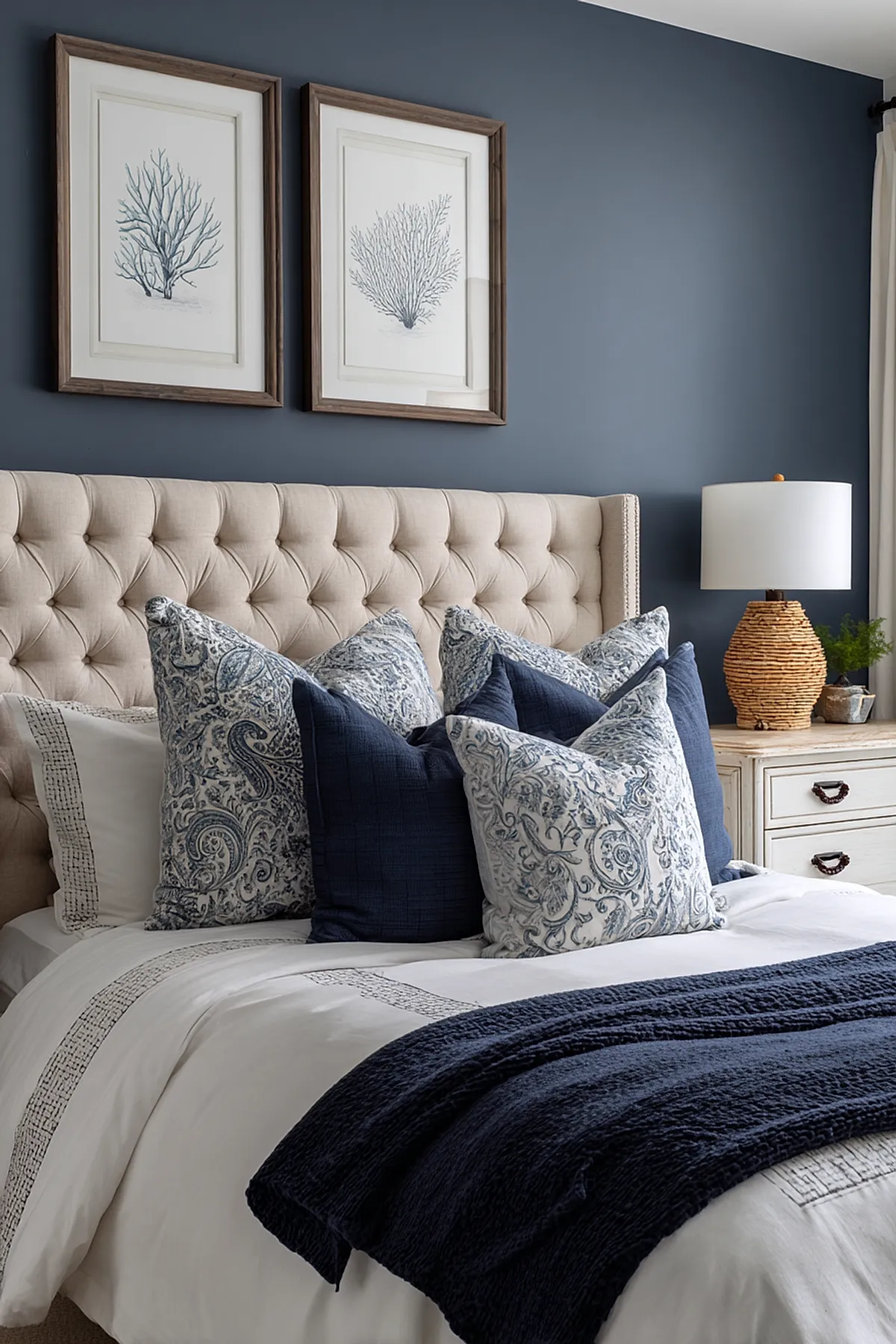 Deep blue accent wall with white tufted headboard and patterned pillows on white bedding.