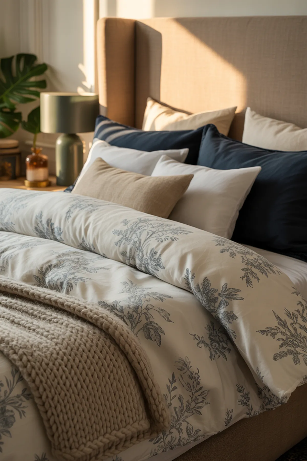 Bedroom with navy and white botanical print bedding, beige headboard, layered pillows, and knitted throw.