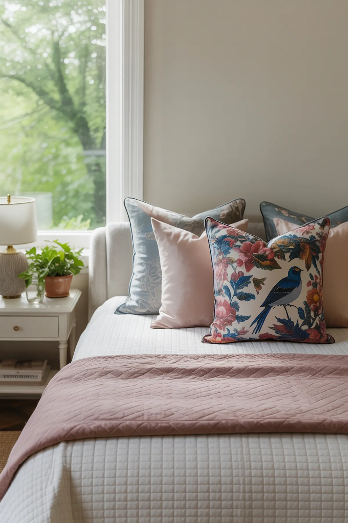 Bedroom with white bedding, floral bird print pillow, muted blue and pink cushions, and a side table with plant.