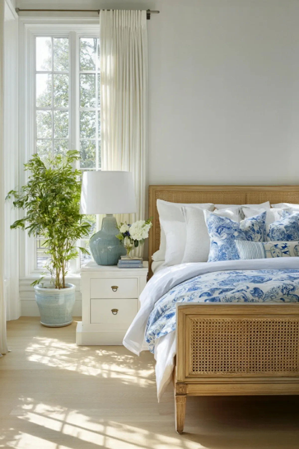 Bedroom with white walls, large window, blue floral bedding, wicker headboard, and potted plant.