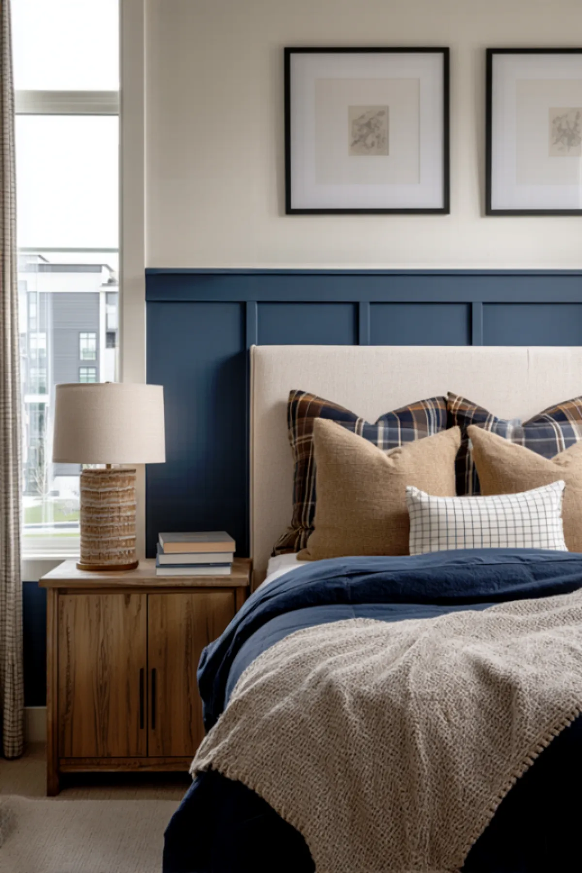 Bedroom with navy board and batten accent wall, beige headboard, plaid pillows, and wooden nightstand.
