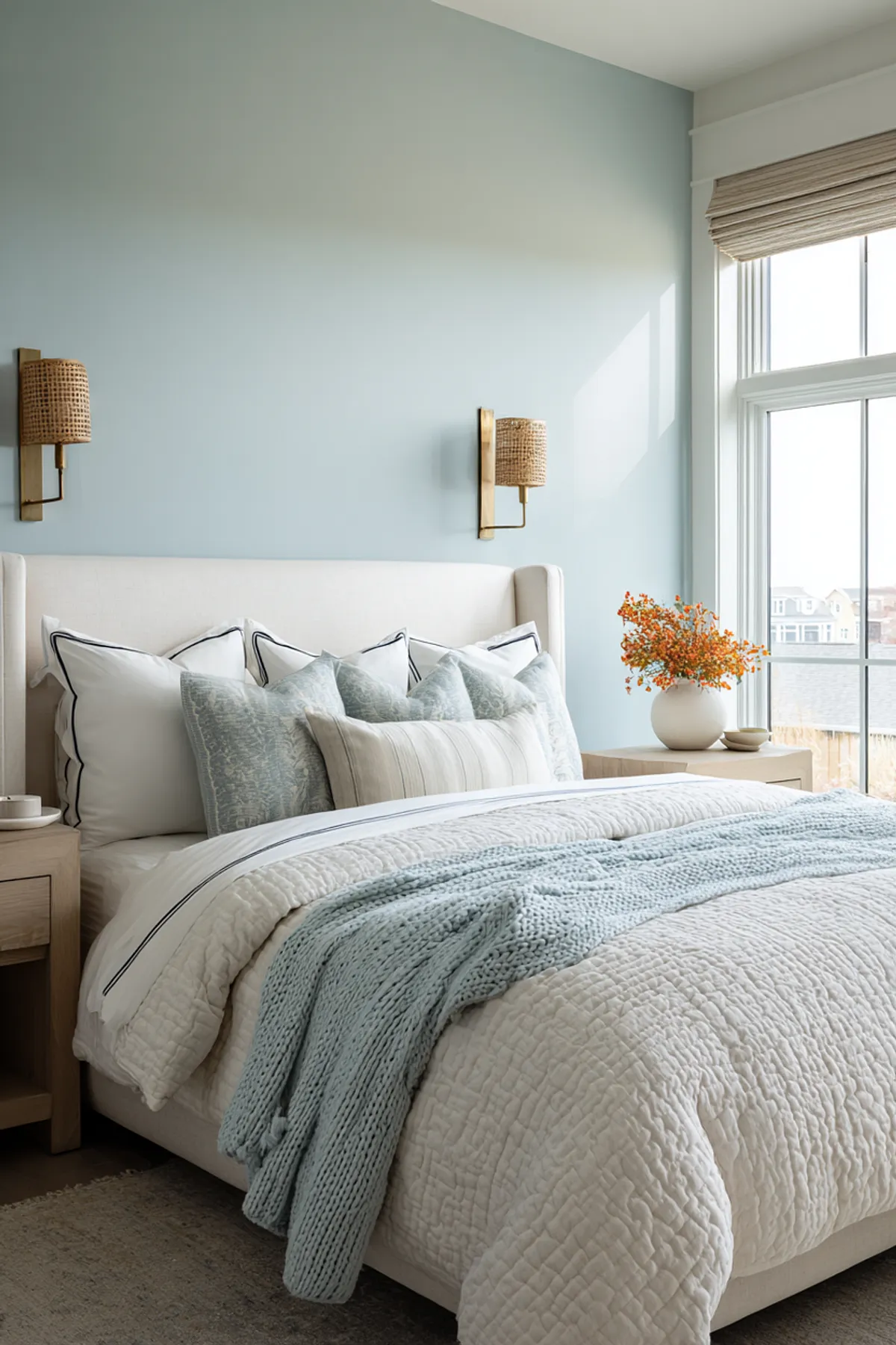 Bedroom with light blue wall, white bedding, wicker sconces, decorative pillows, and window.
