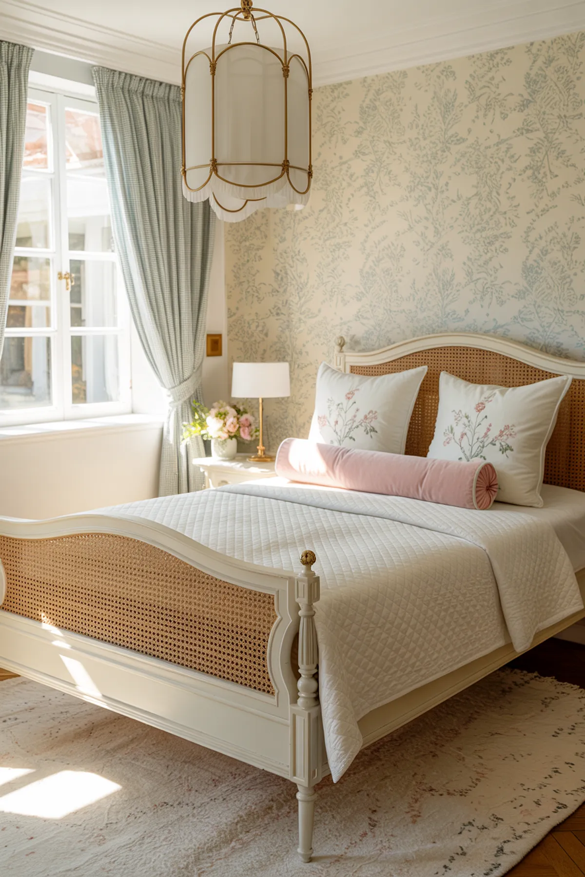 Bedroom with muted blue floral wallpaper, white bedding, pink bolster pillow, and large window with light curtains.