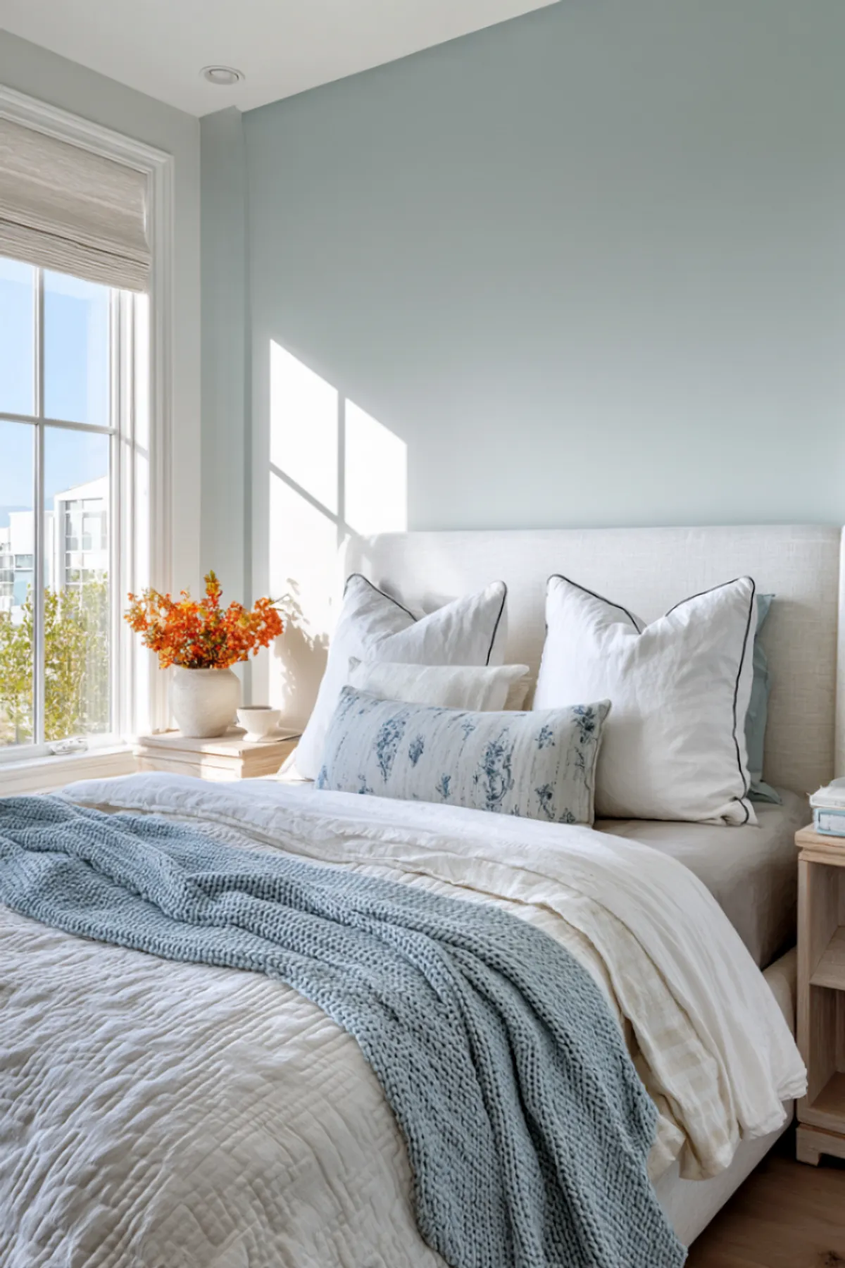 Light blue-walled bedroom with white bedding, floral pillows, light blue knit throw, and orange flowers on the windowsill.