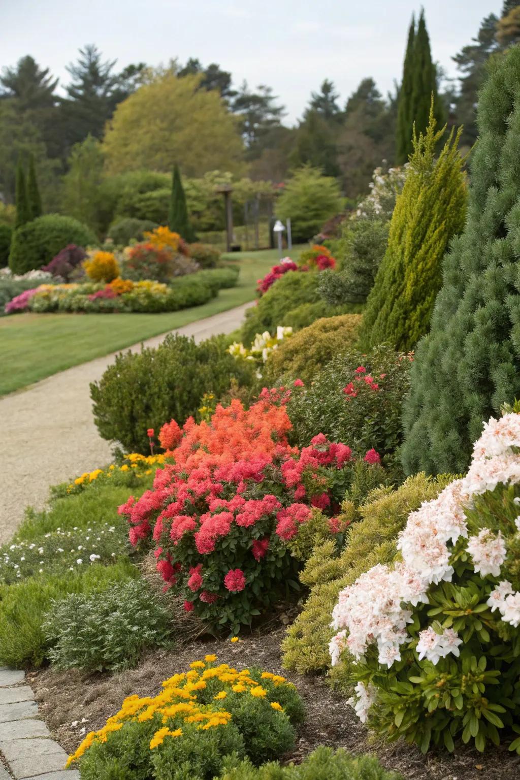 Evergreen shrubs maintain shape and color throughout the year.
