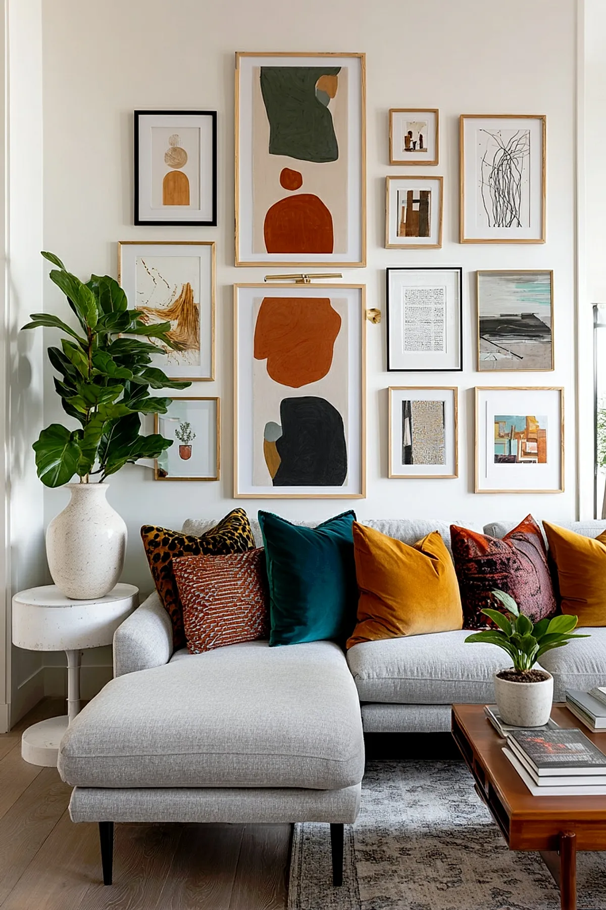 Living room with a gallery wall of abstract art in wood and black frames above a gray sofa with vibrant cushions.