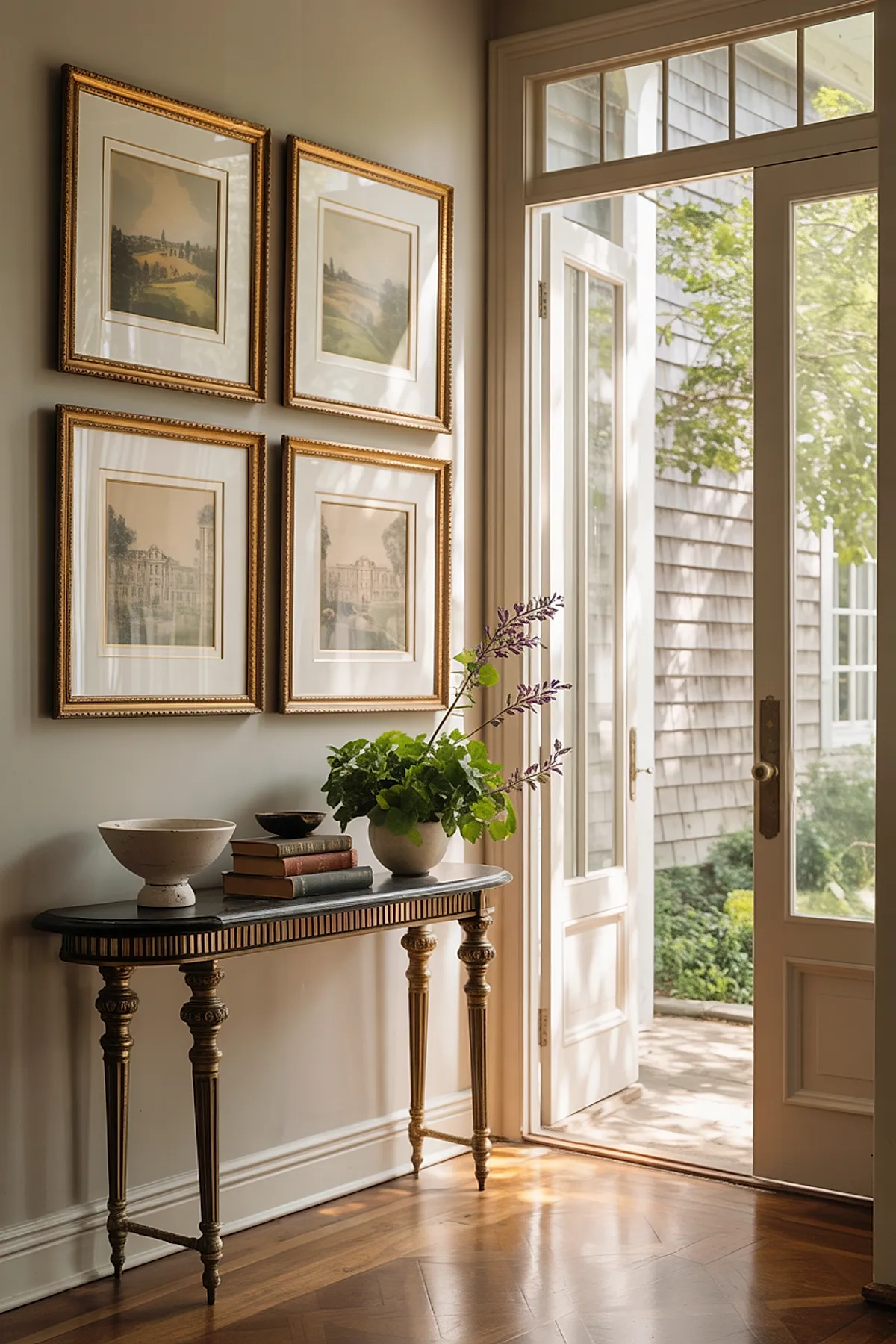 Symmetrical gallery wall with four gold-framed pictures above an ornate console table by a bright doorway.