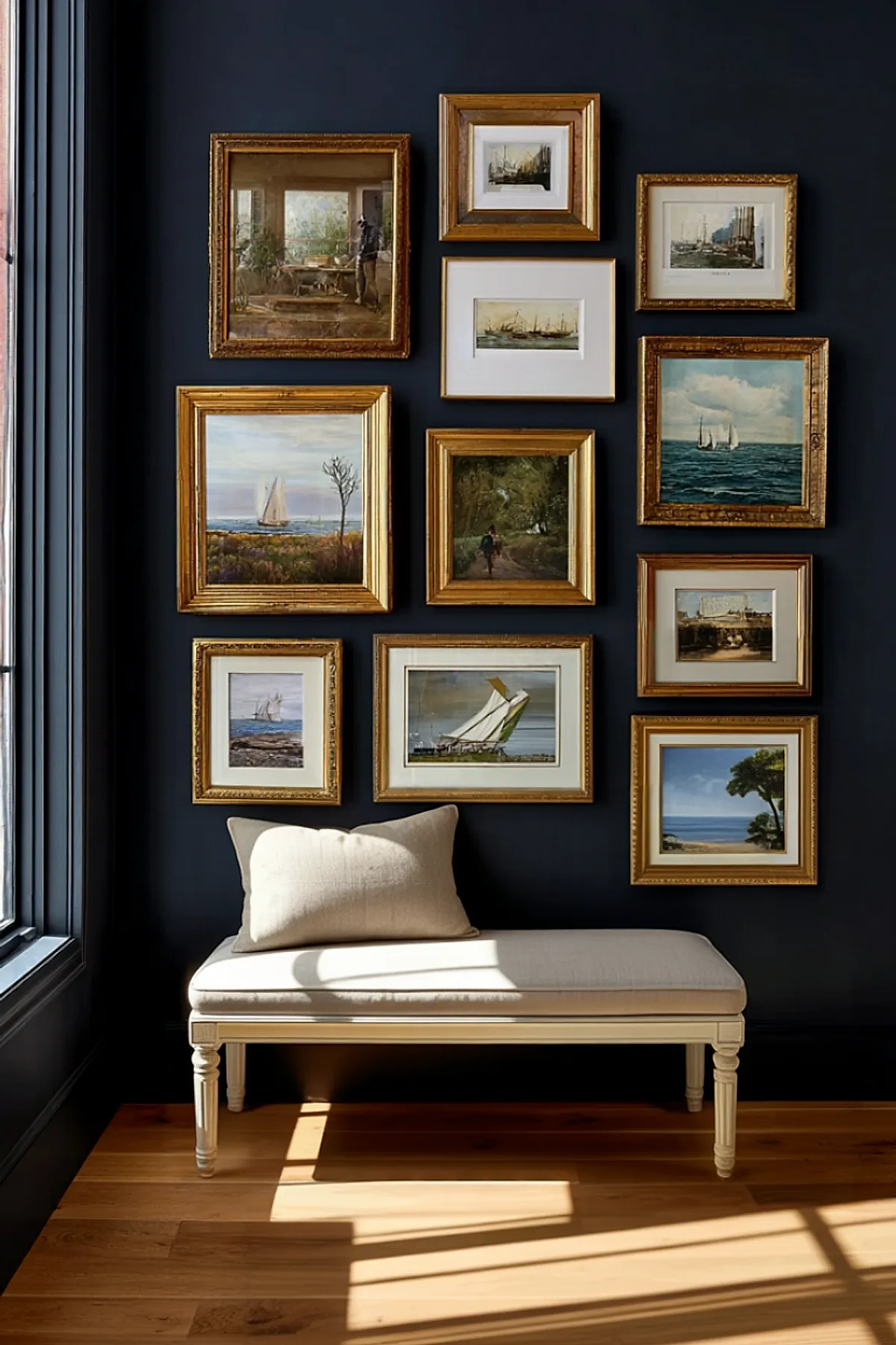 Gallery wall with gold-framed nautical art above a cream bench in a room with dark walls and wooden floors.