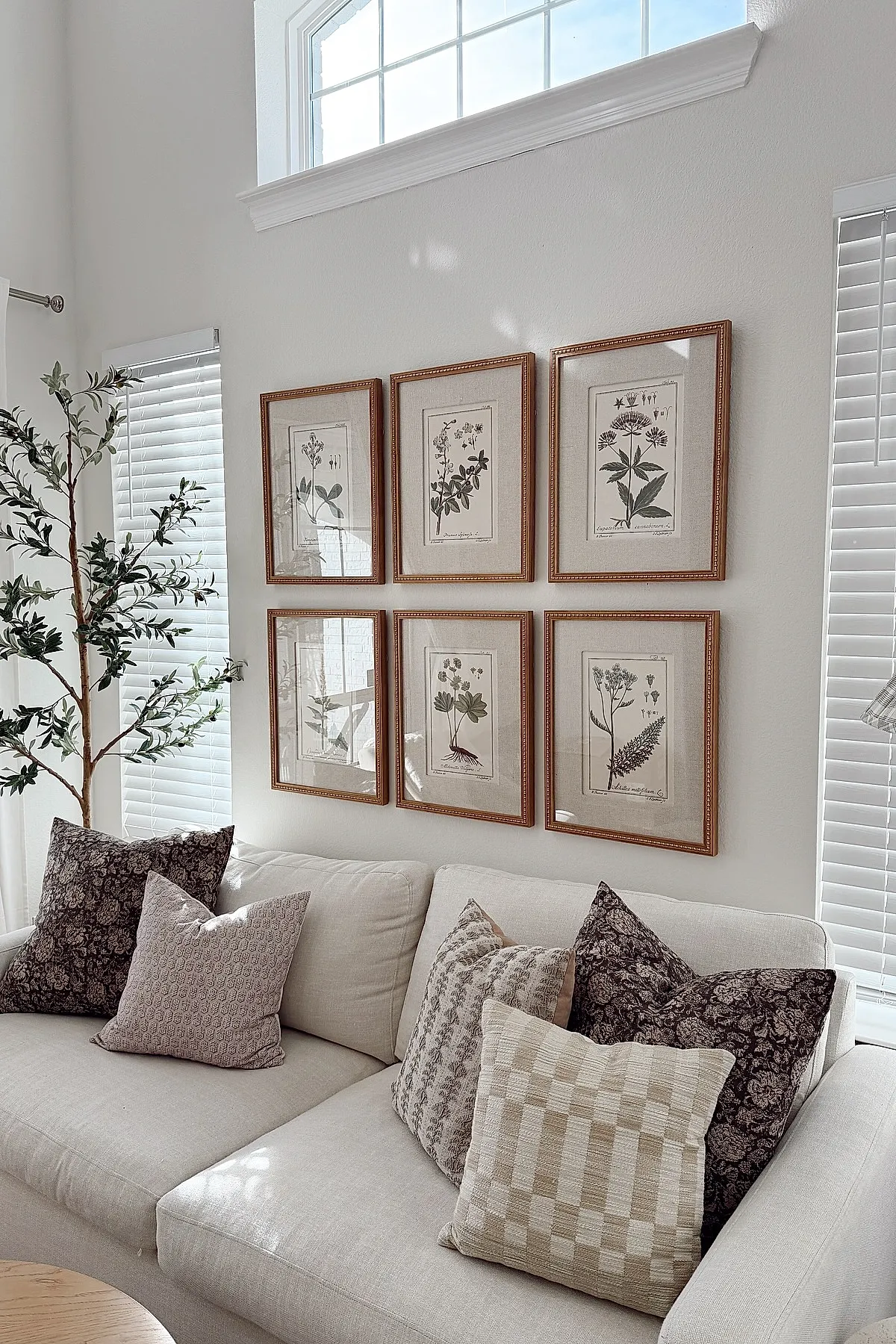 Living room with a gallery wall featuring botanical prints in wooden frames above a beige sofa with patterned pillows.